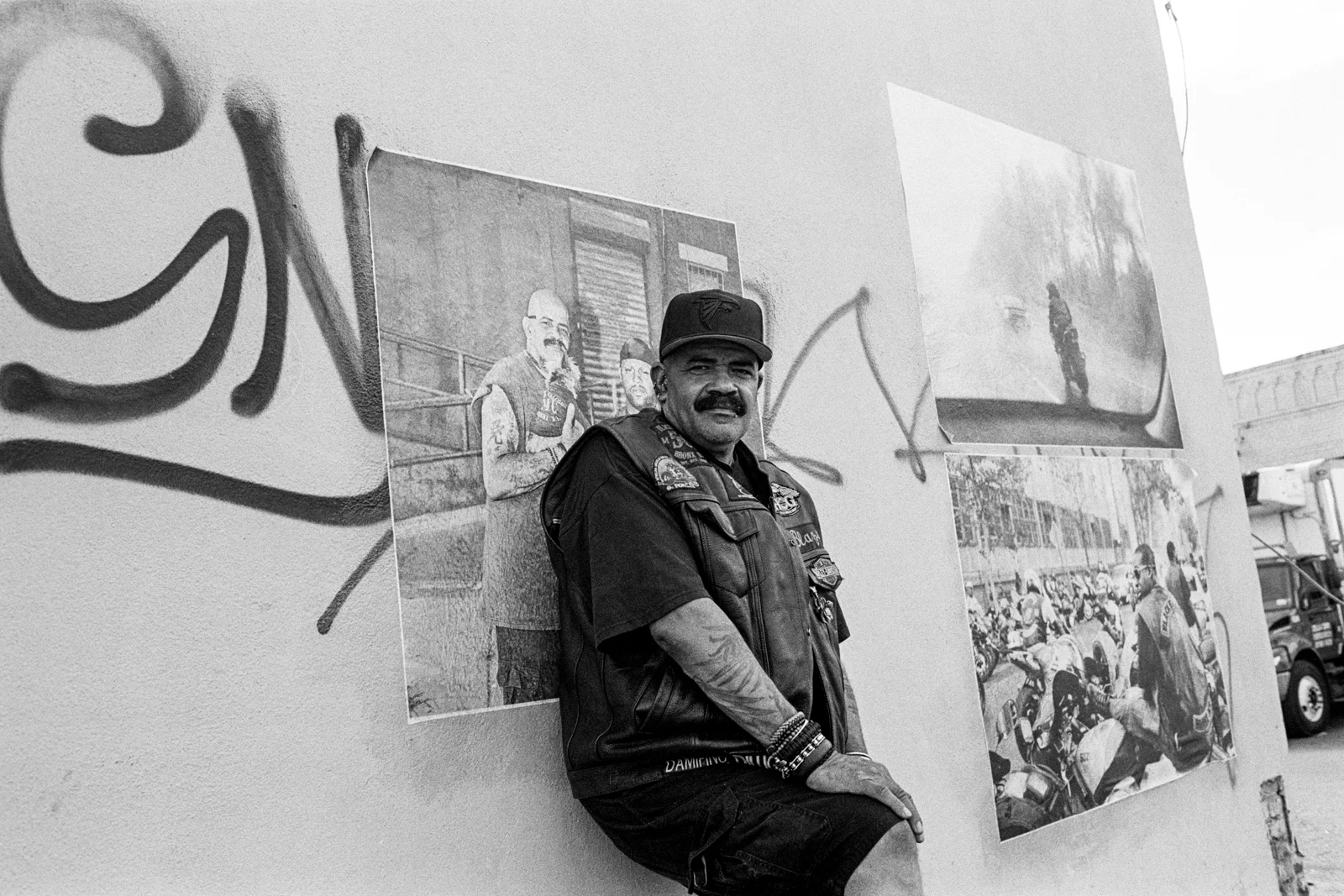 Blaze with his photo, Ezy Ryders wheatpaste installation, location #2, The Bronx 2016