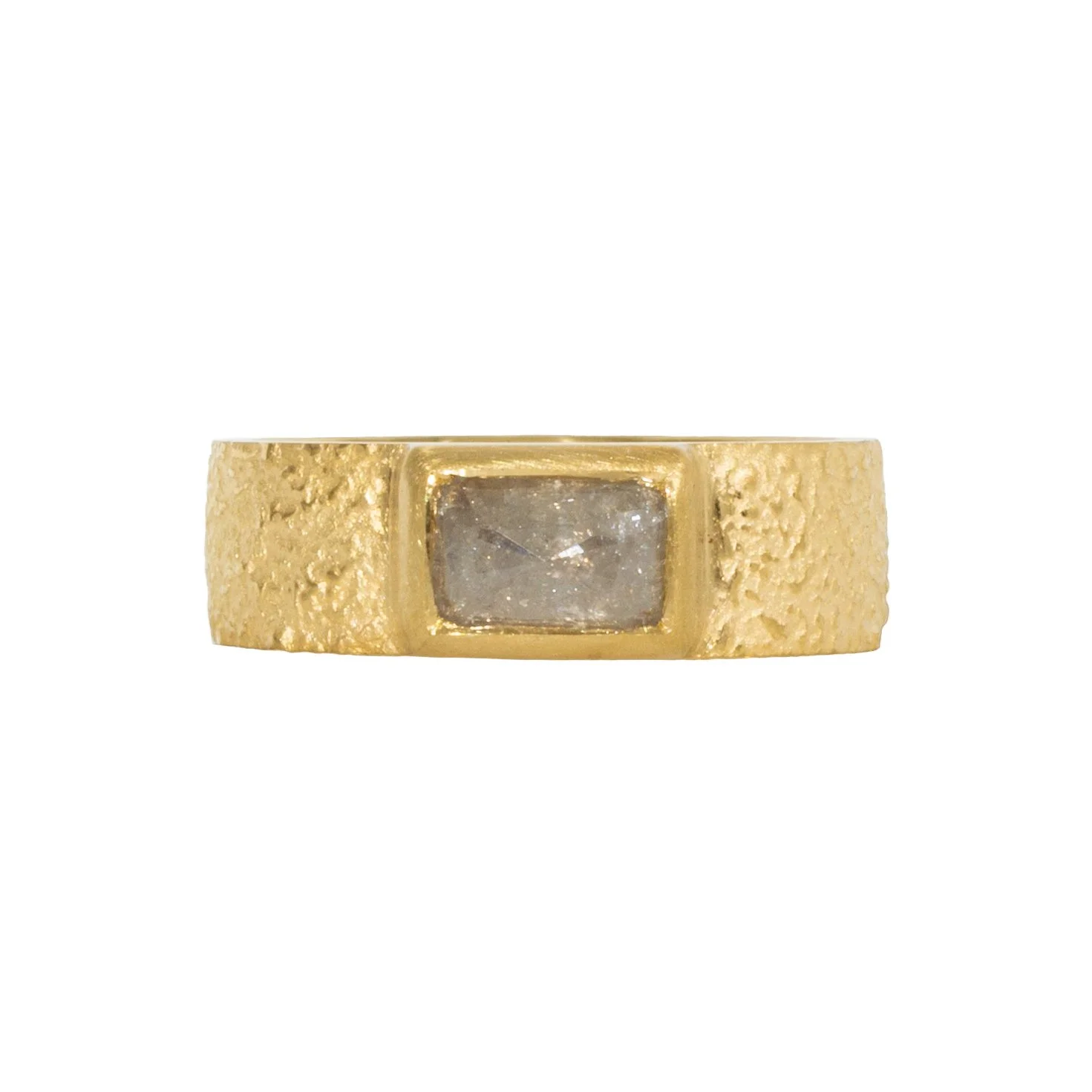 Wide Band in Sand-Textured 18k Yellow Gold with Rectangular Rosecut Diamond