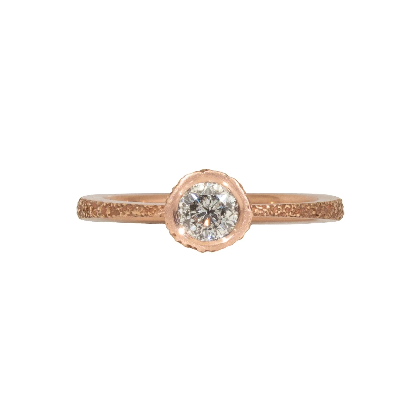 Round Salt and Pepper Diamond Solitaire in Sand-Textured 14k Rose Gold with Open Setting