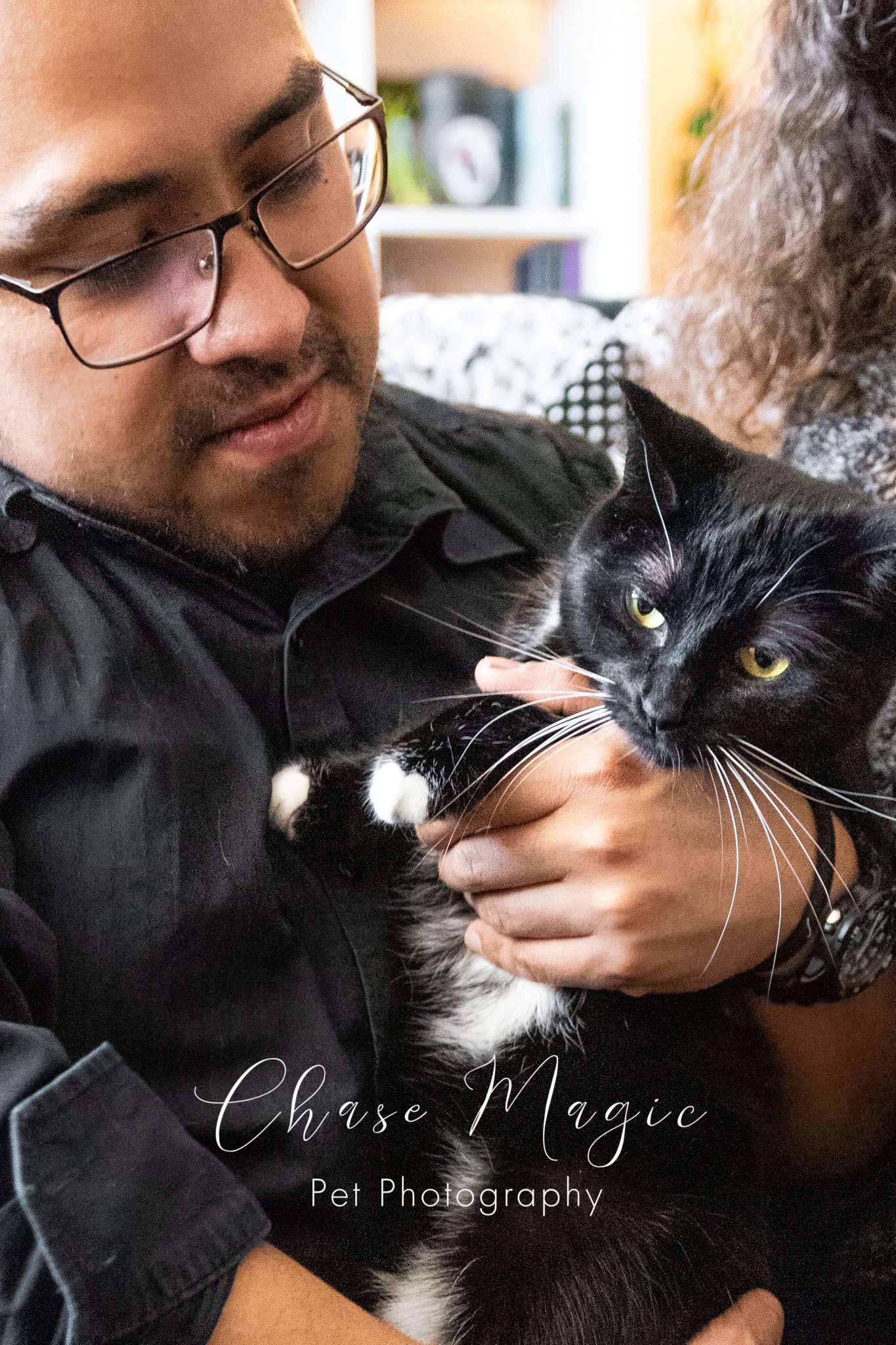 cute black and white cat cuddling with a man with glasses