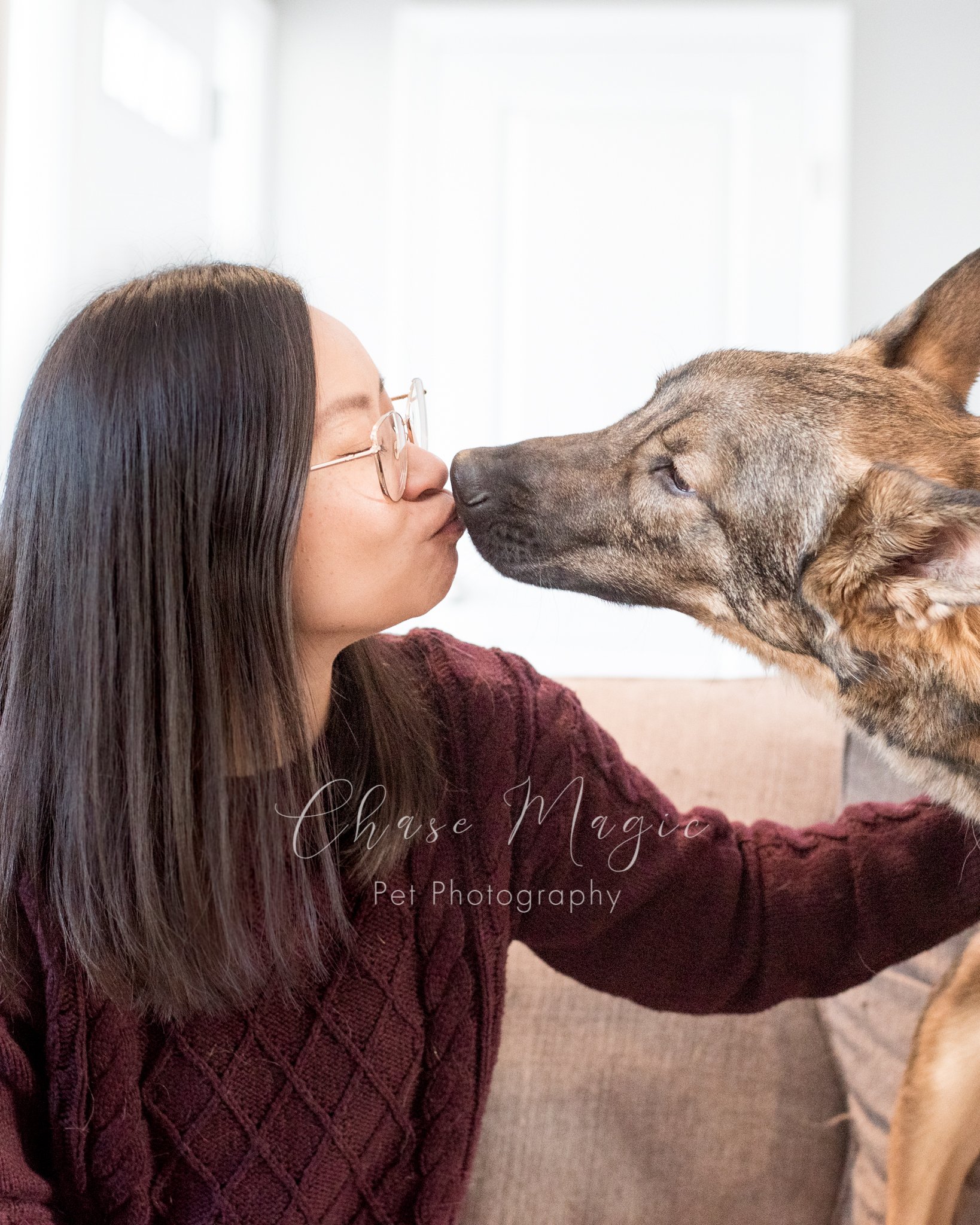 a women on a sofa couch getting a kiss from her german shepard dog