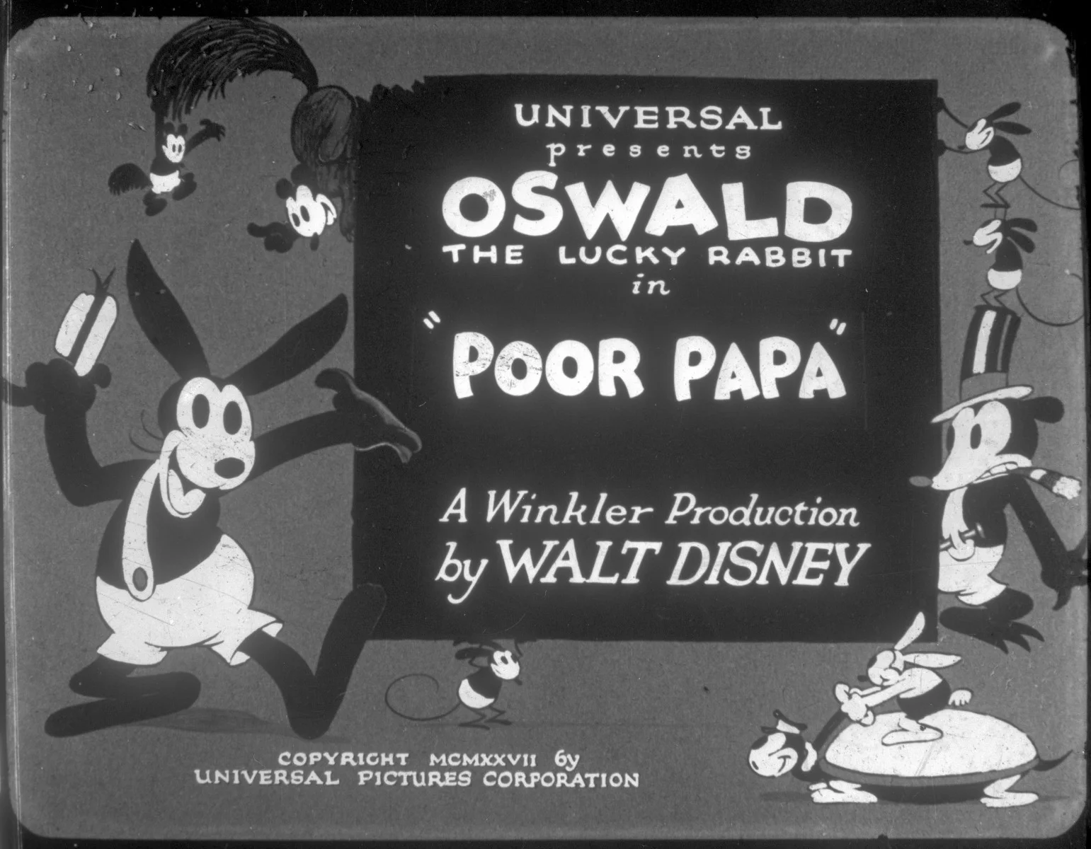 The title card for Oswald's first Animated Short, "Poor Papa" (1927)