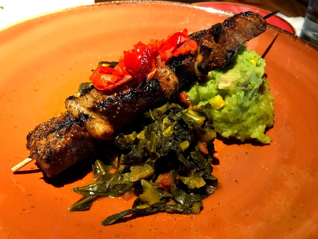 Mishkaki Gingered Braai Beef Kabab with Kenyan Mukimo and Braised Greens ($22.00)