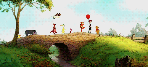 Winnie the Pooh and friends cross bridge in the Hundred Acre Wood