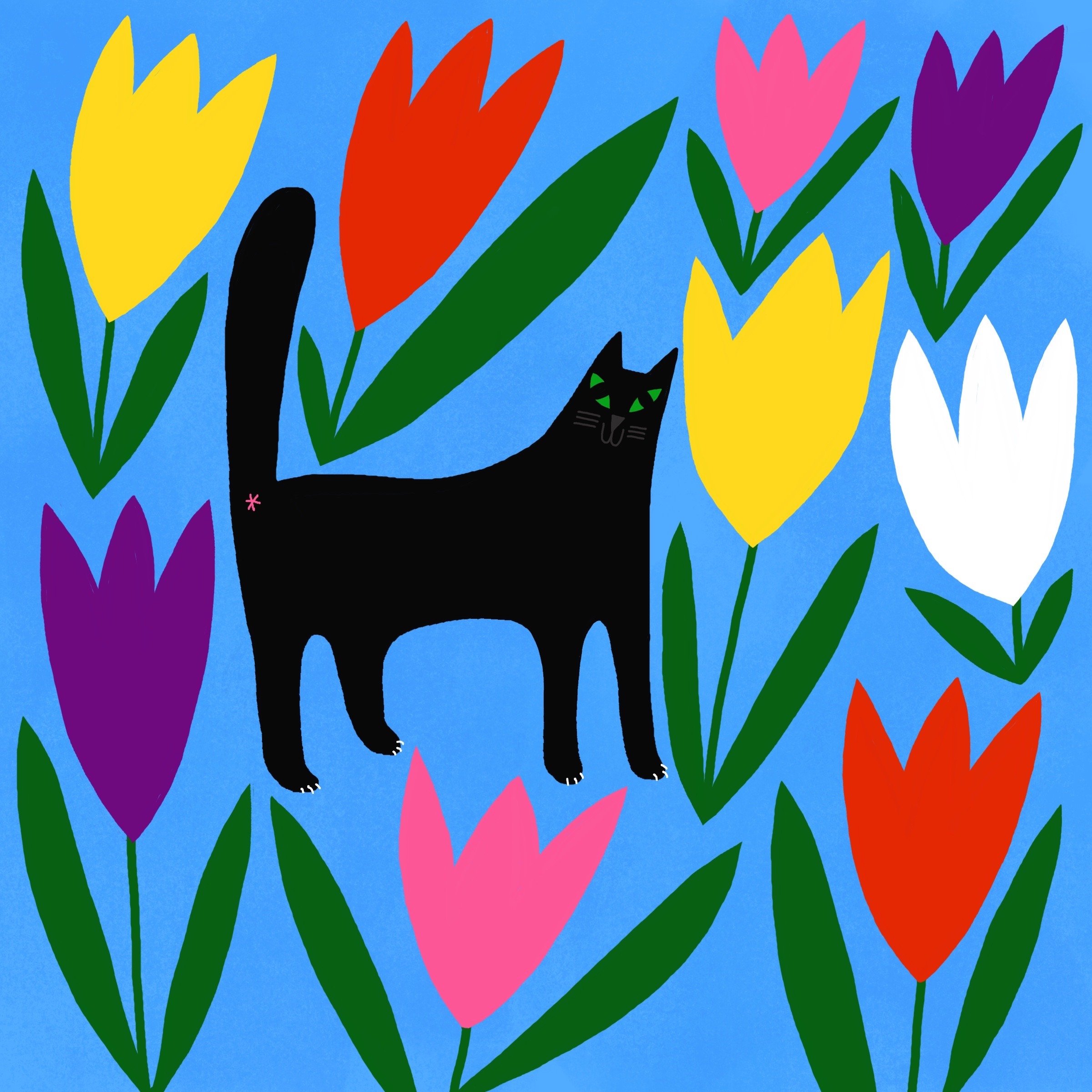 Black Cat with Tulips