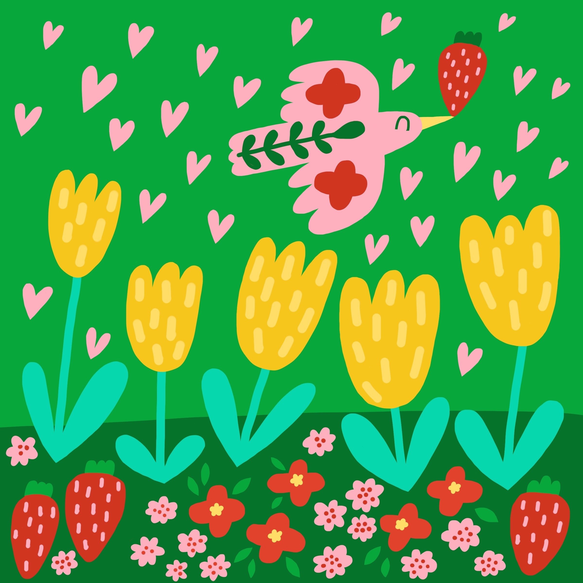 Cute Pink Bird with Tulips