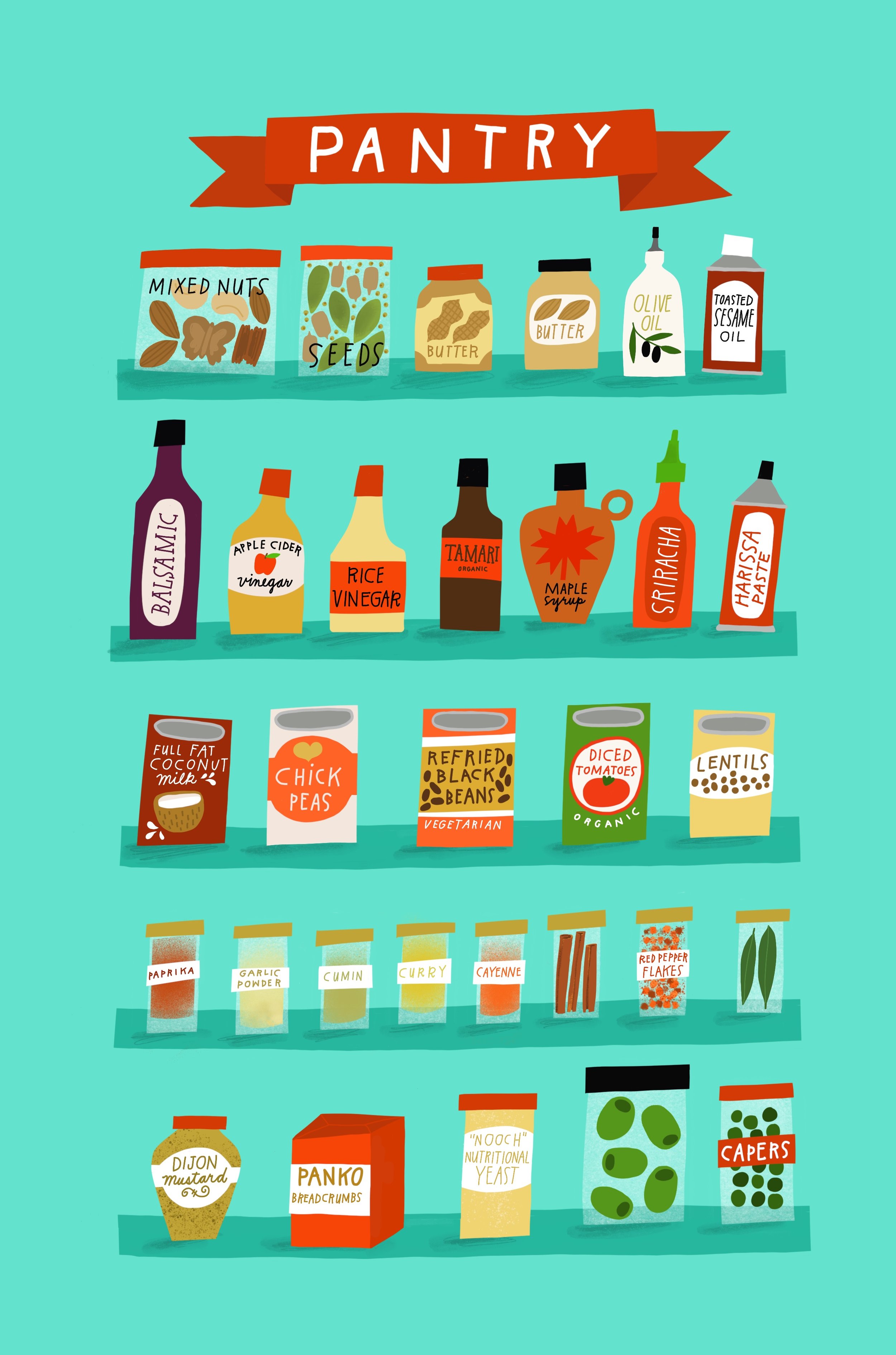 Illustrated vegan pantry items