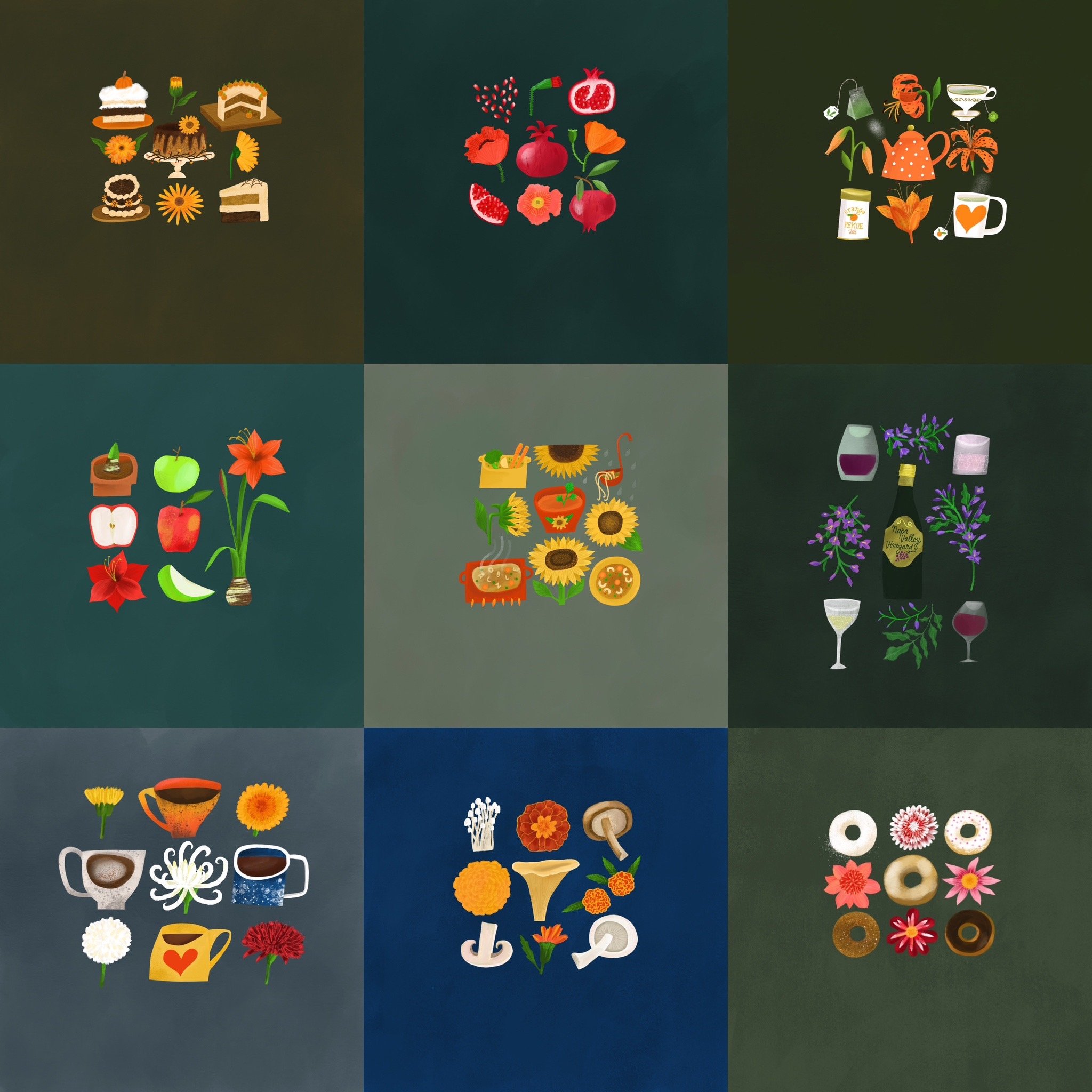 Illustrated grid of flowers and food