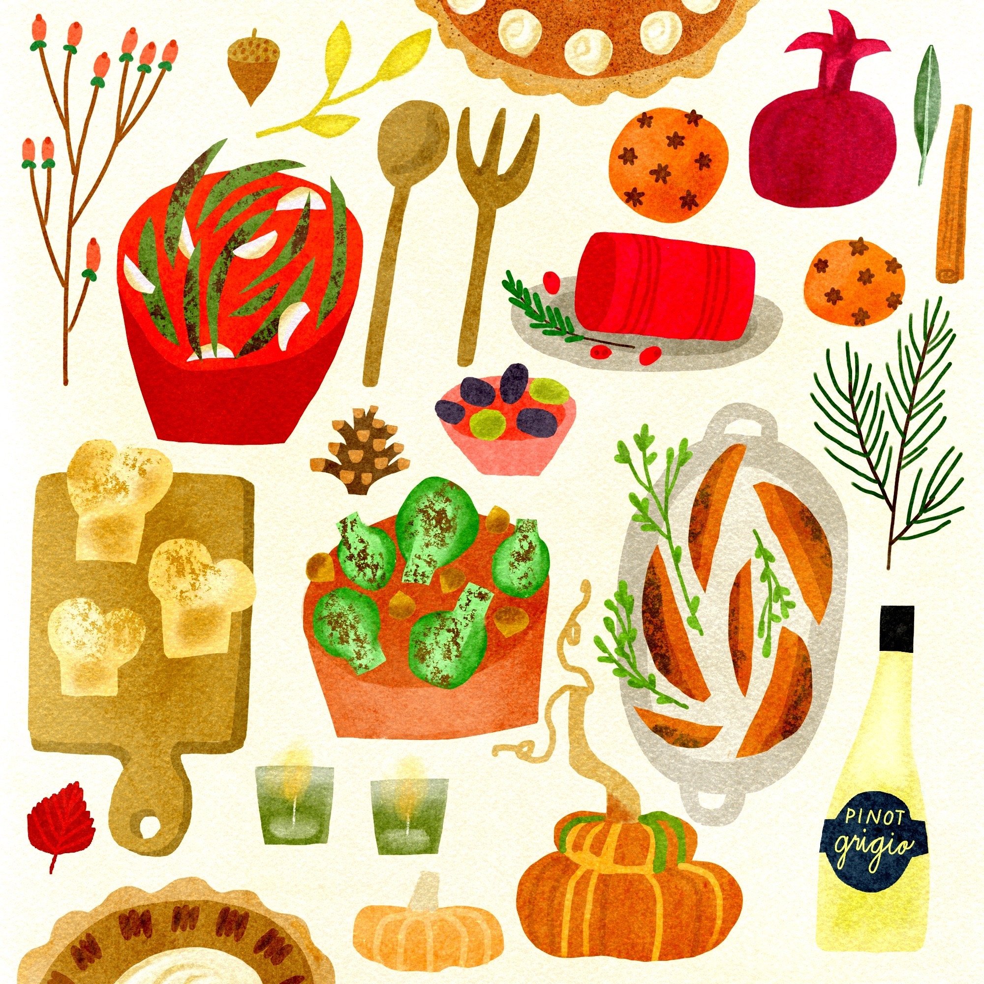 Illustrated vegan Thanksgiving food