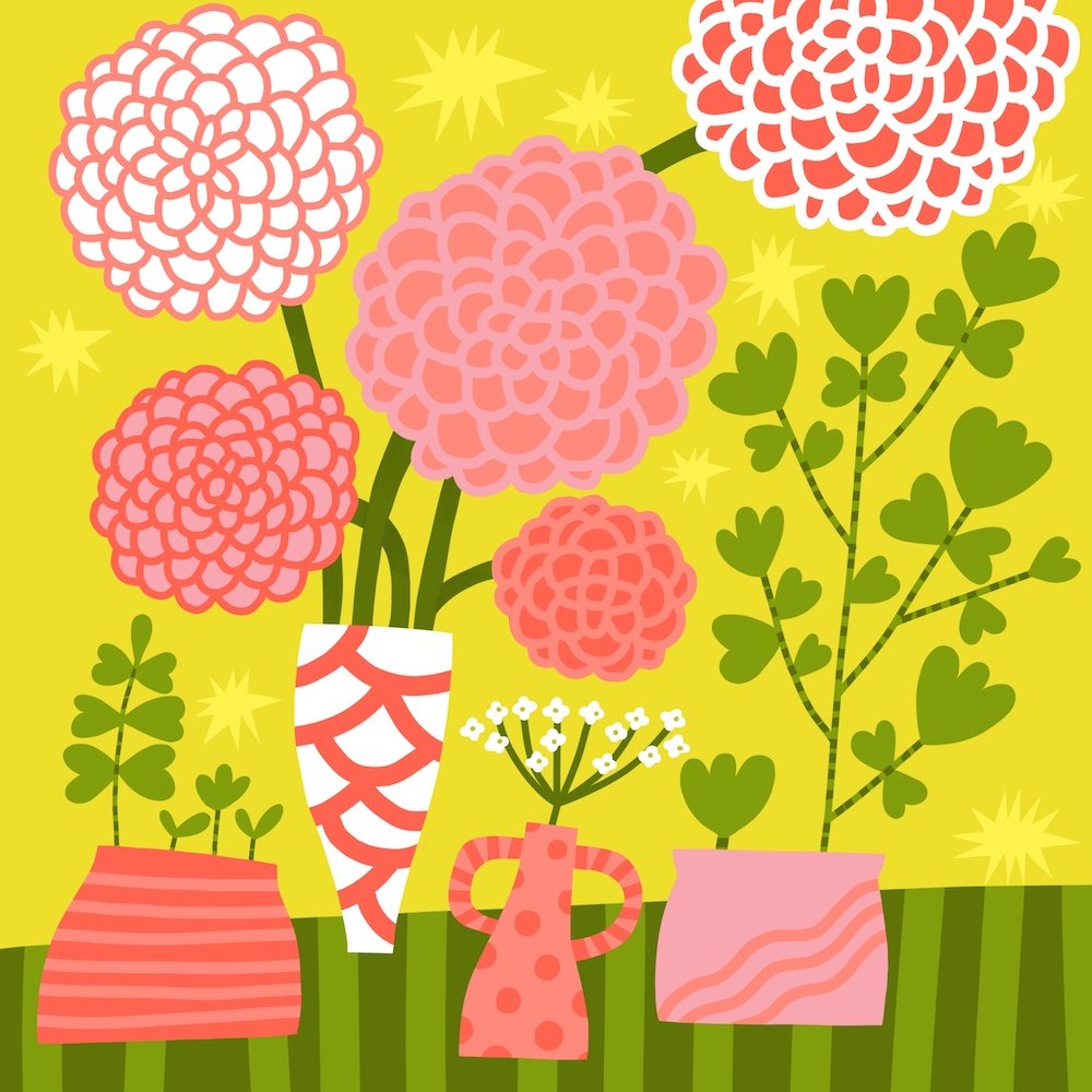 Illustration of vases of flowers on a sunny day