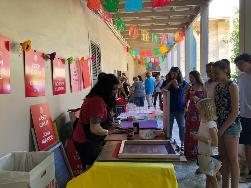  @ Southwest School of Art’s 2019 Fiesta Arts Fair with help from printmaker extraordinaire Lacey Bibiana Mills, Lauri Jones and her daughter Boston, Dina Wooten, “el logoso” Edgar Ortiz and with Enormous Thanks to Chad Dawkins and Paula Owen. 