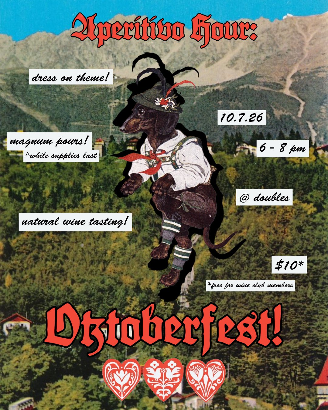 Break out your lederhosen!!! October's Aperitivo Hour is OKTOBERFEST!⁠
⁠
Aperitivo Hour is our monthly first-Wednesday natural wine tasting where we try wines selected by the Sonny's team + @plantwines + @fantasmawines for our Natural Wine &amp; Pizz