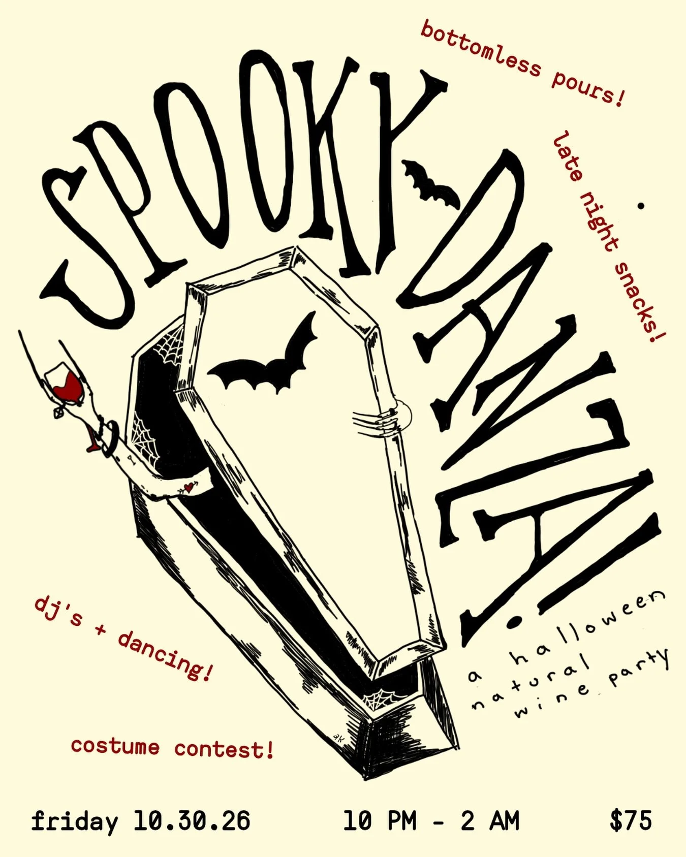 🍷🦇🕸️ Tickets are live for the spookiest wine party of the year!!! 

SPOOKY-DANZA is our annual late night halloween party featuring bottomless pours of natural wine from local distributors (magnums????) + pizza &amp; snacks + dancing + the best co
