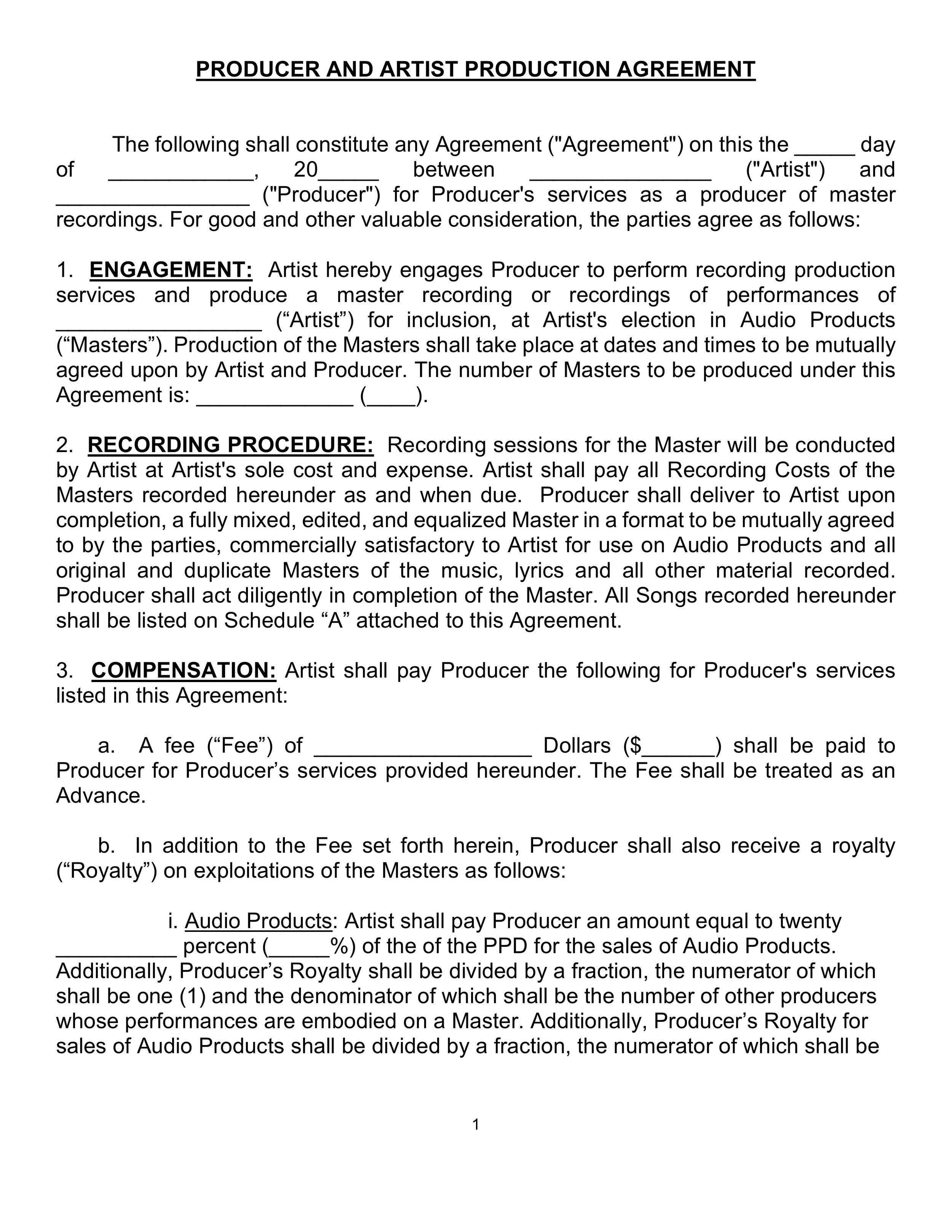 Producer and Artist Production Agreement Template