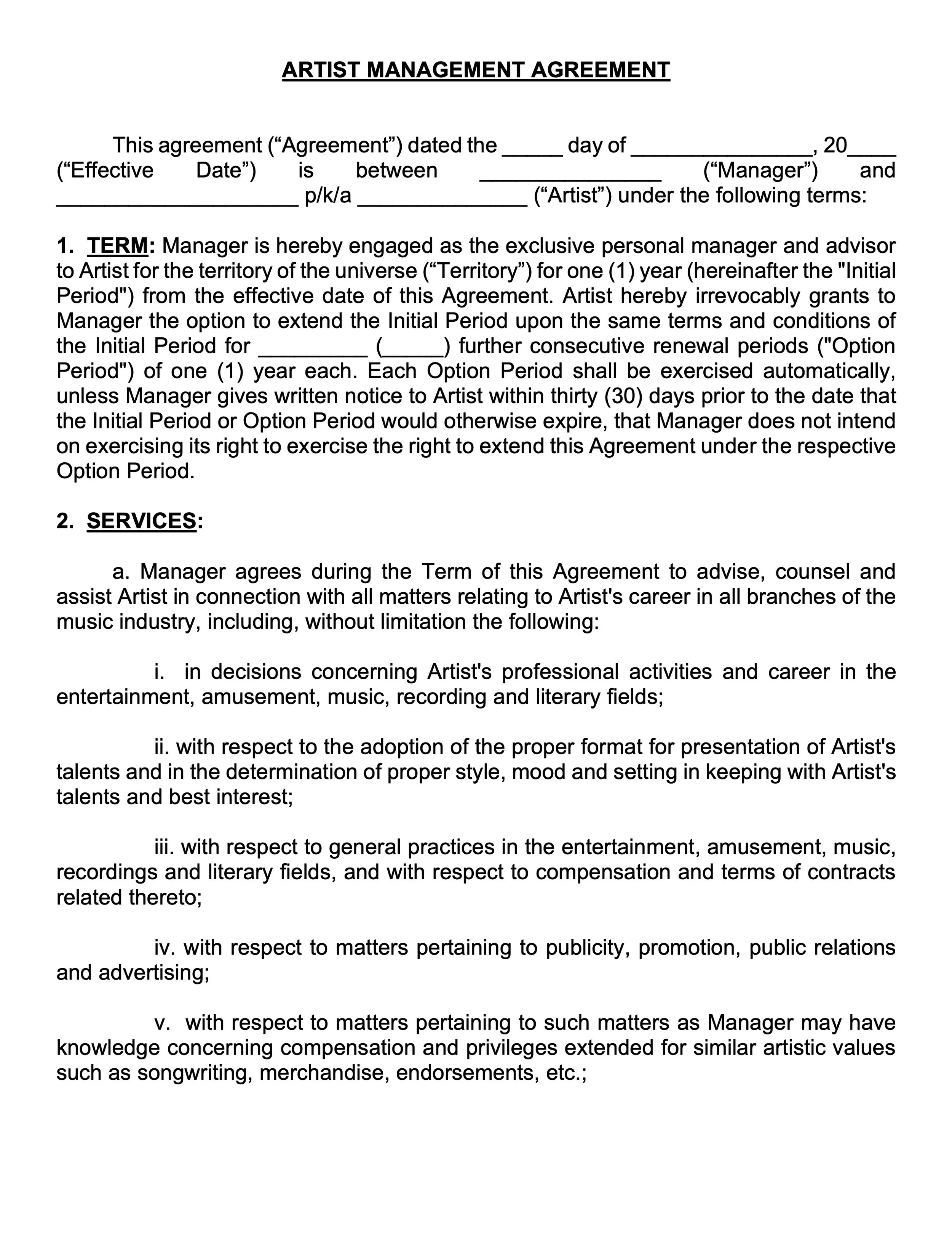 Artist Management Agreement Template (With Master & Merchandise Rights)