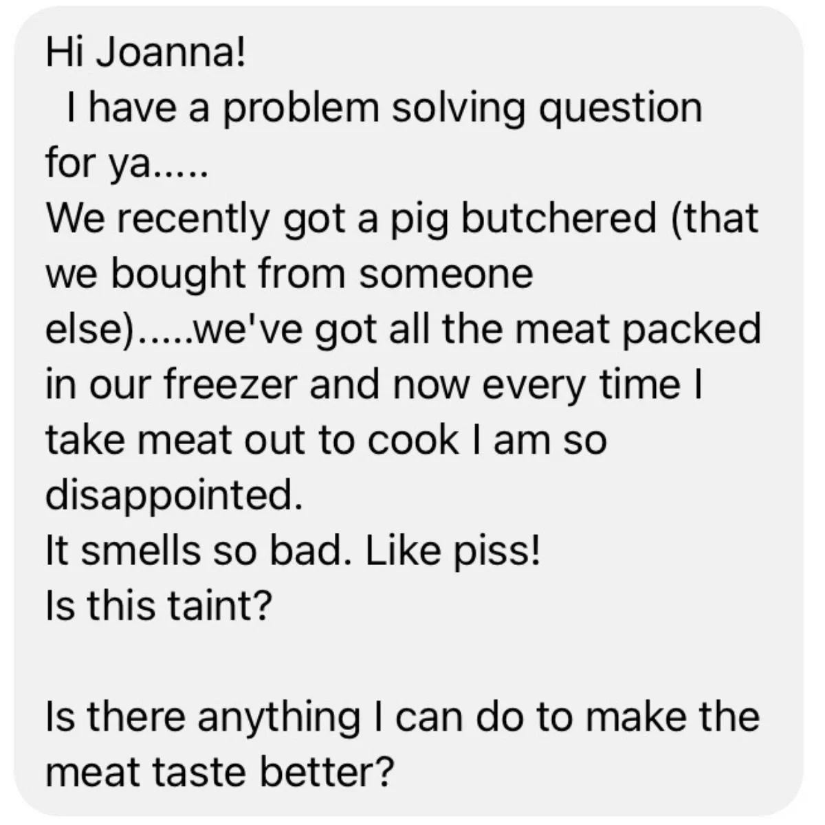 screenshot of a text message asking about boar taint smell