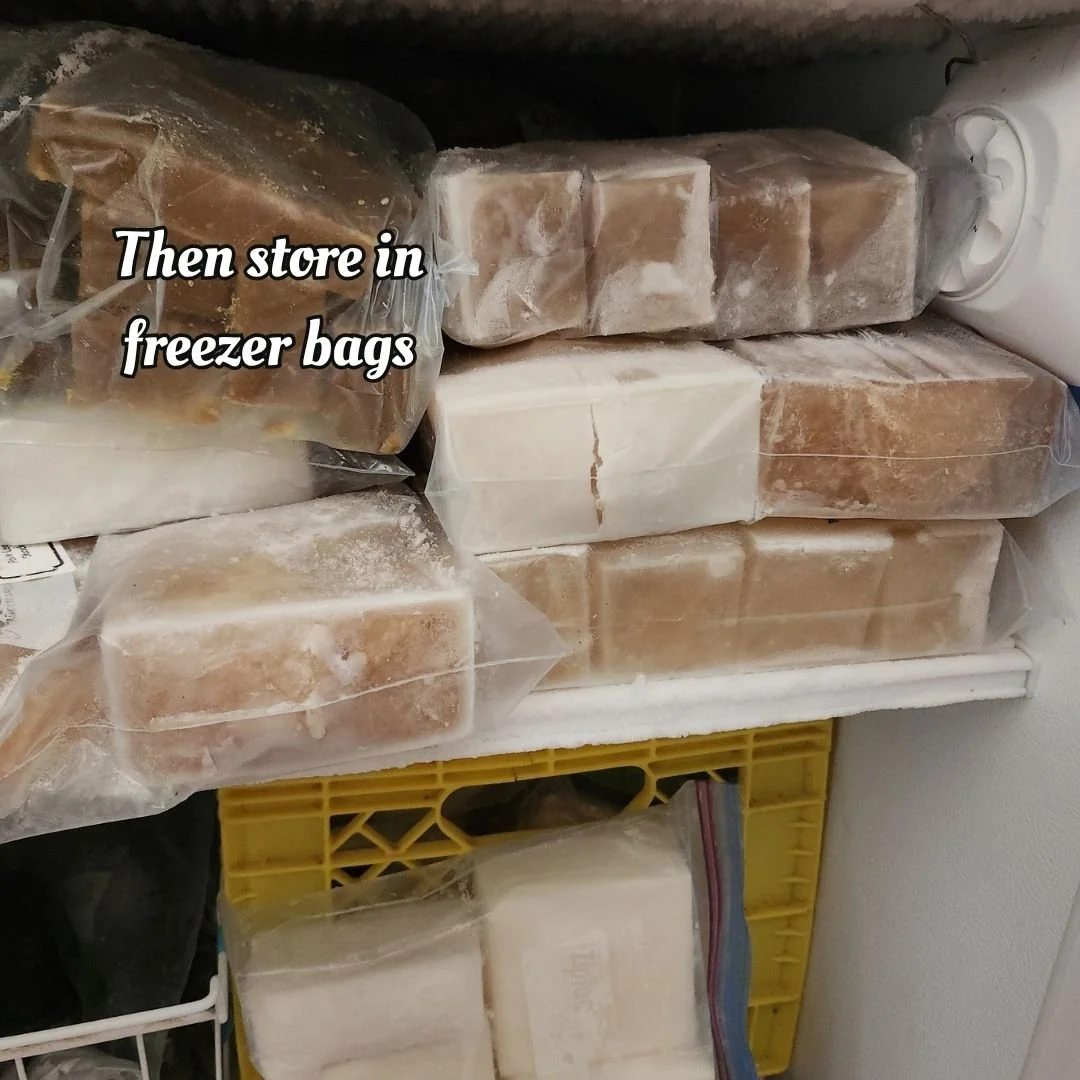 Easy stackable pre-portioned stock, lard and meals in freezer bags