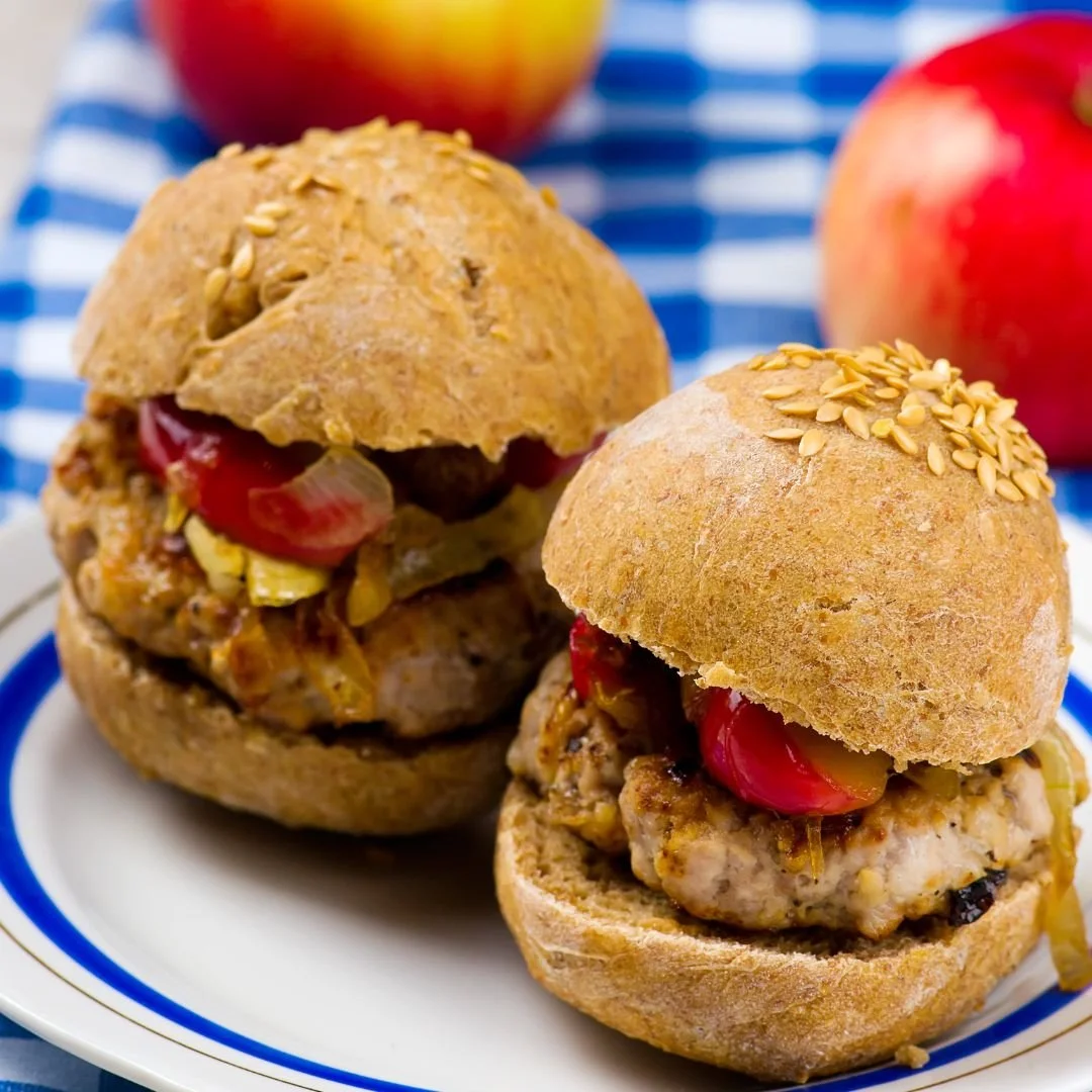 handmade heritage pork and apple burgers on homemade buns