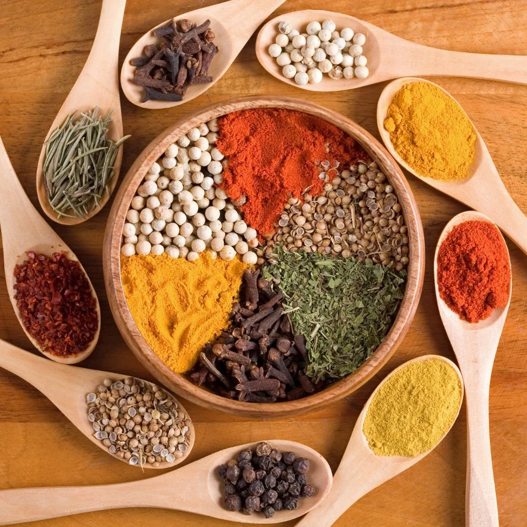 herbs and spices, pepper, turmeric, cloves, rosemary, thyme, chillis, cinnamon