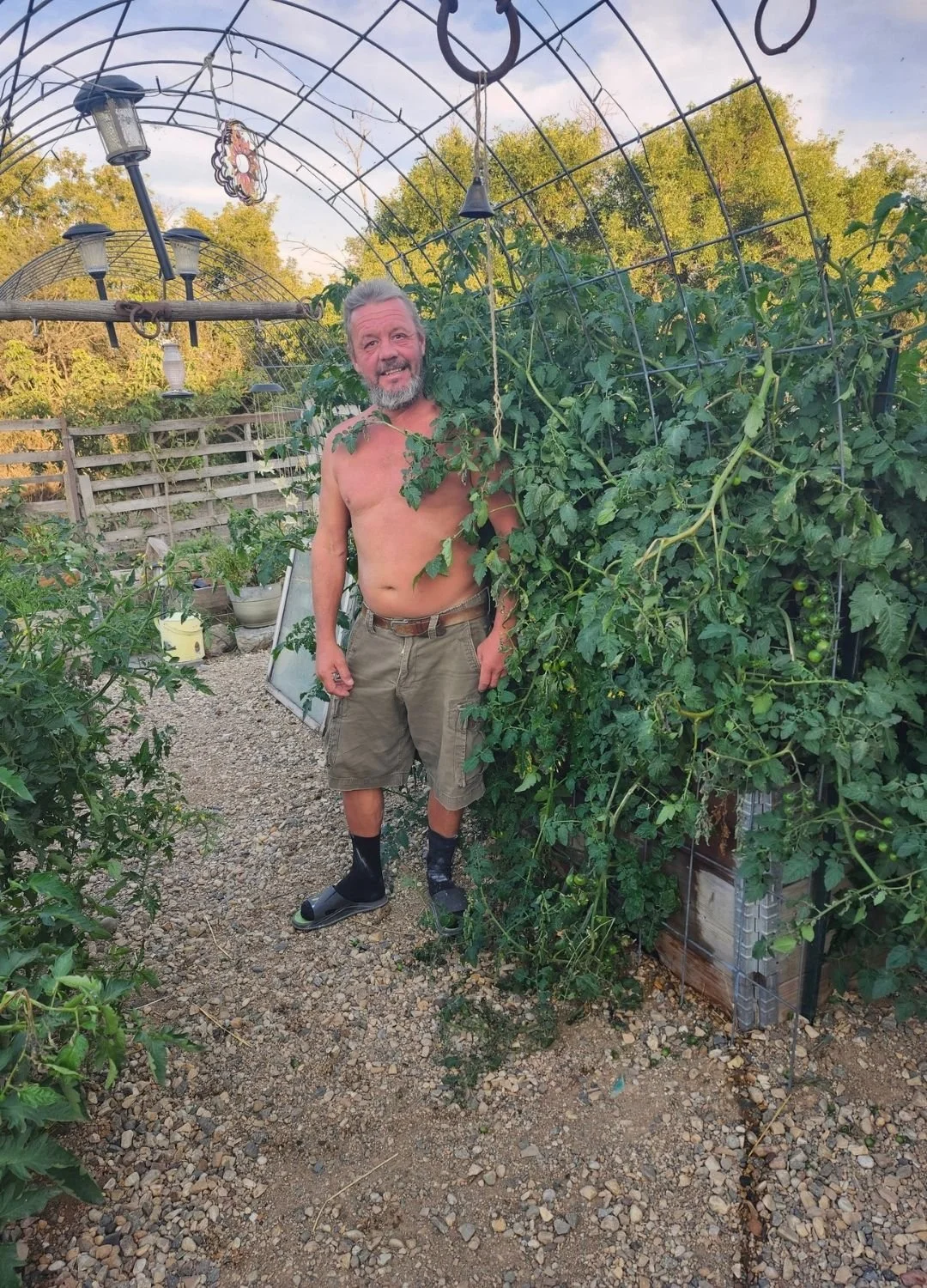 Carl next to raised beds of tomatoes in our farmhouse garden