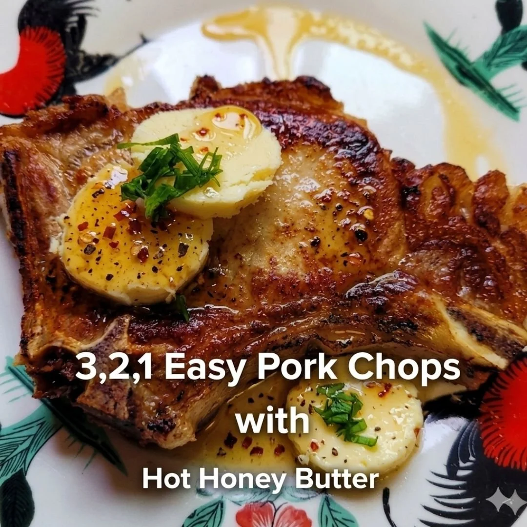 pork chops with pats of hot honey butter and sprinkled with chilli