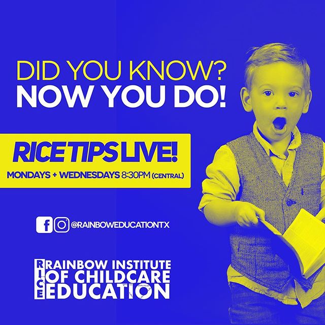 Did she just say that?! Join us at 8pm every Monday and Wednesday for #ricetipslive! No topic is out of bounds on this show, and we want YOU to be a part of it.
.
.
#Tips #Tricks #Advice #FacebookLive #Education #Childcare #Daycare #institute #SanAnt