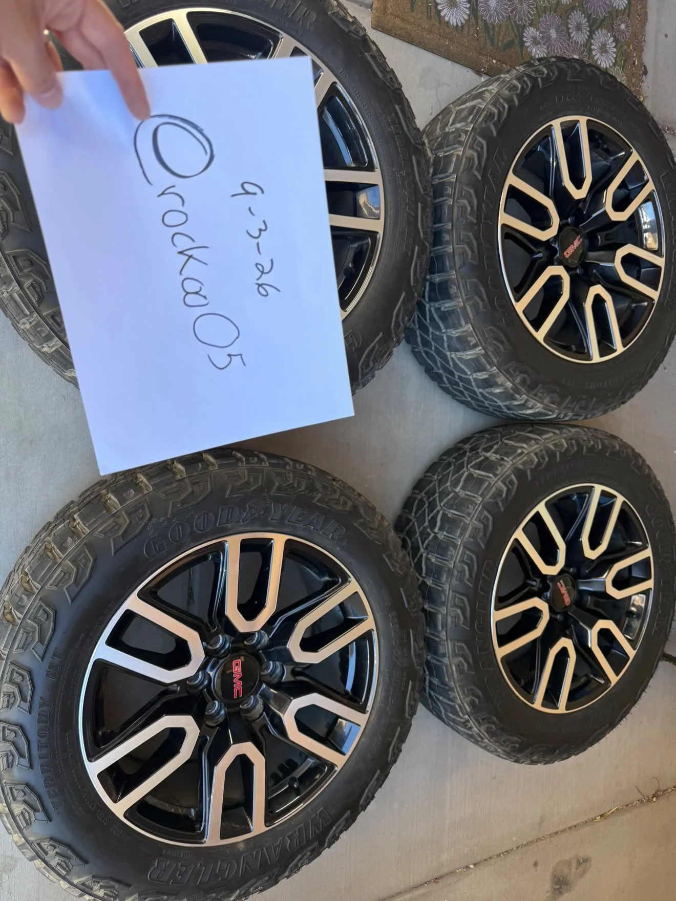 Located in Lancaster @rockoo05 is selling a set of Brand new take off 2026 At4 1500 GMC Sierra wheels in great shape 98% life on tires recently removed no censors DOT2026. Come with OEM lug nuts. $1250 OBO