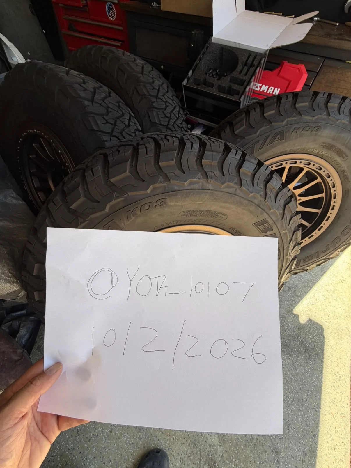 Located from Cerritos, CA, @yota_10107 is selling a set of four like-new RRW RR7-H flow-formed wheels in matte bronze (17&times;8.5, +25 offset, 6&times;139.7), along with four like-new BFGoodrich KO3 all-terrain tires (Load Range E, LT285/75R17).

I