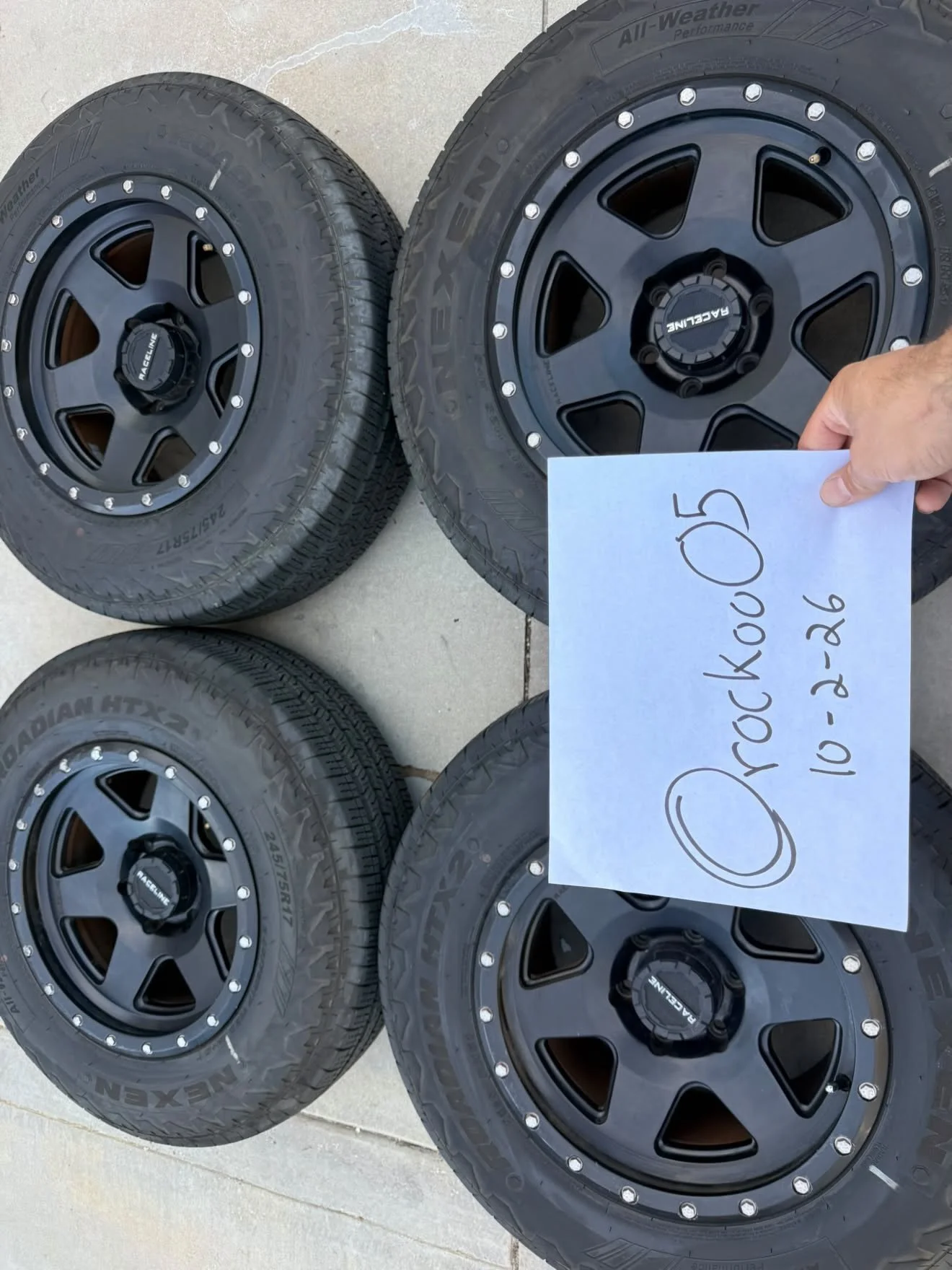 Located in Lancaster @rockoo05 is selling a set of black raceline wheels wrapped in 245/75/17 like new tires 95% life left on ims have curb rash mainly on 2 that was touched up. Lug pattern 6x5.5 17x9 offset 0. Came off a 3rd gen tacoma. $900 OBO