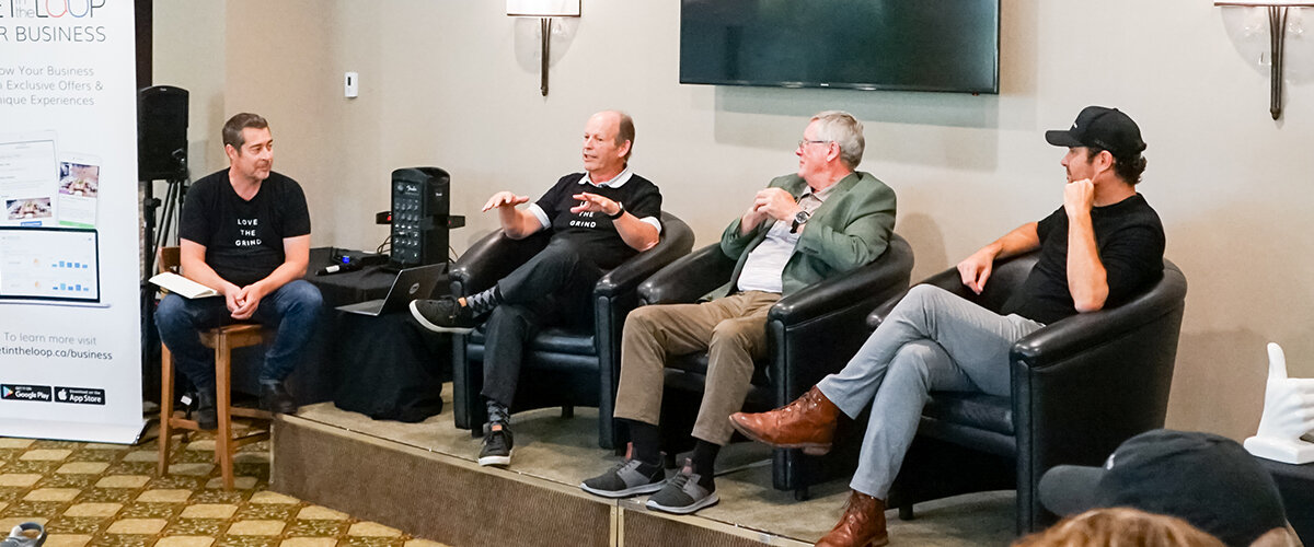 GetintheLoop CMO Jason Mann leads a fireside chat during GetintheLoop’s annual franchise convention featuring three GITL advisors (left to right): Cliff Shillington, Larry Pollock, Coulter Wright.