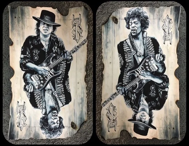 Stevie Ray Vaughan and Jimi Hendrix artworks by Mimi Bailey