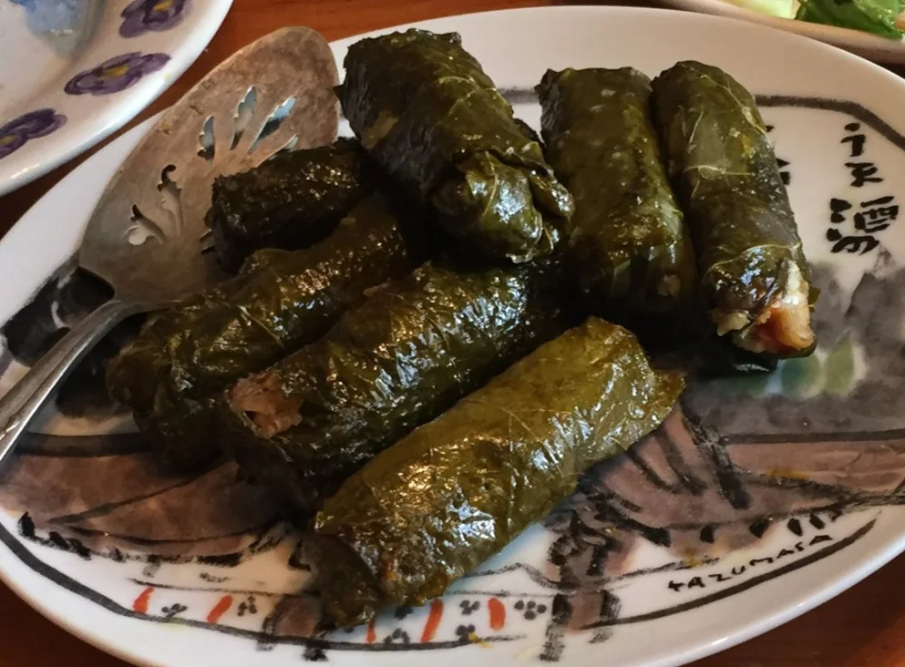 Stuffed Grape Leaves and the big greek salad make a meal that serves a crowd. Vegan and GF