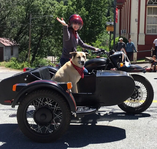 Linndsay and her boy dog named Sue riding in the side care of he