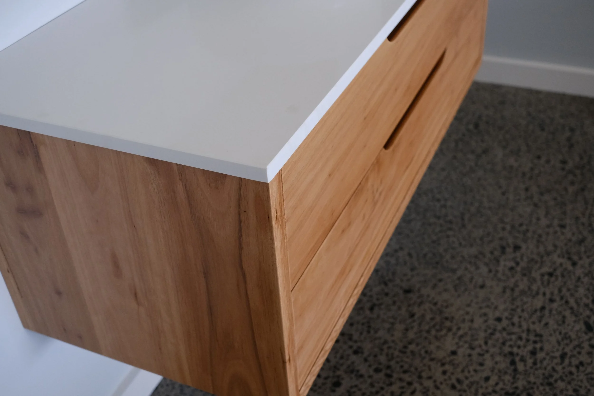 Heathcote Curve Blackbutt Floating Vanity w Stone Top 2 draw 1200w