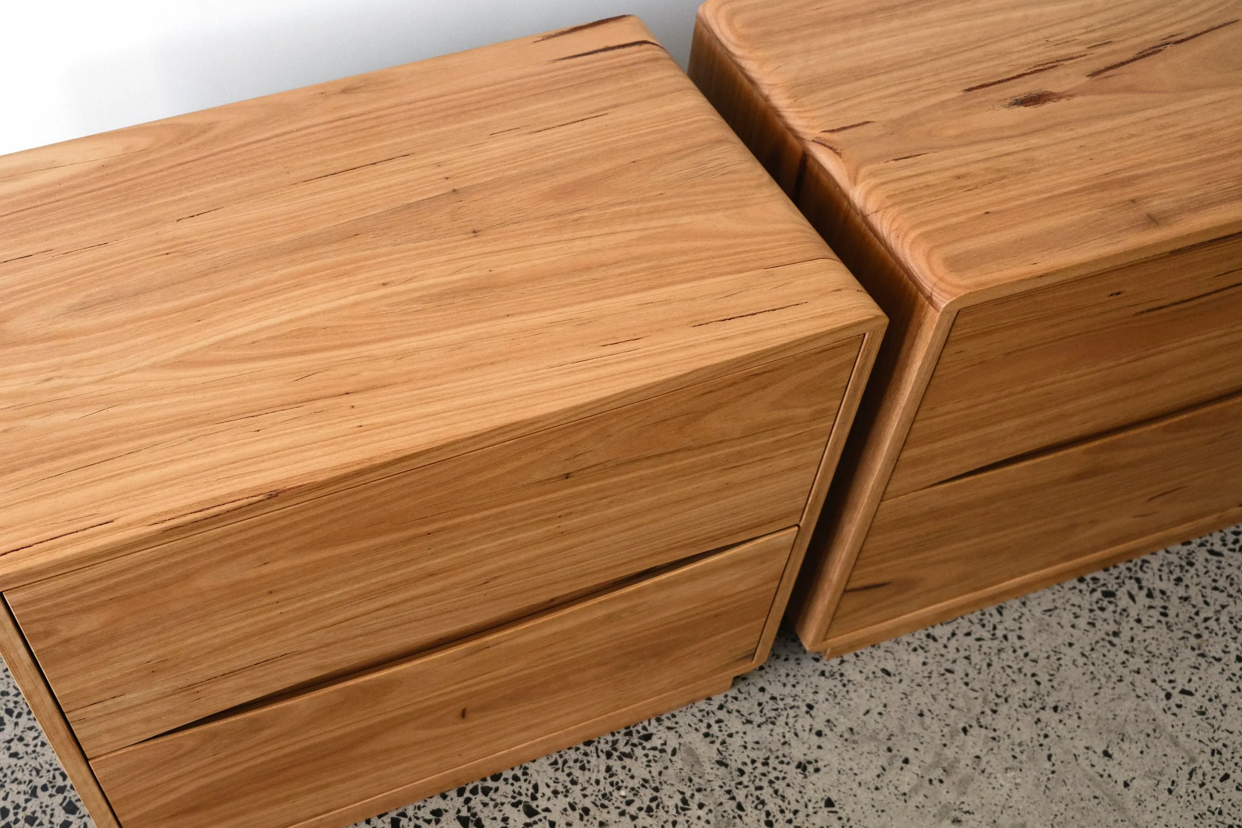 Olson Curve Bedside Tables in Blackbutt 800w x 650h — Retrograde