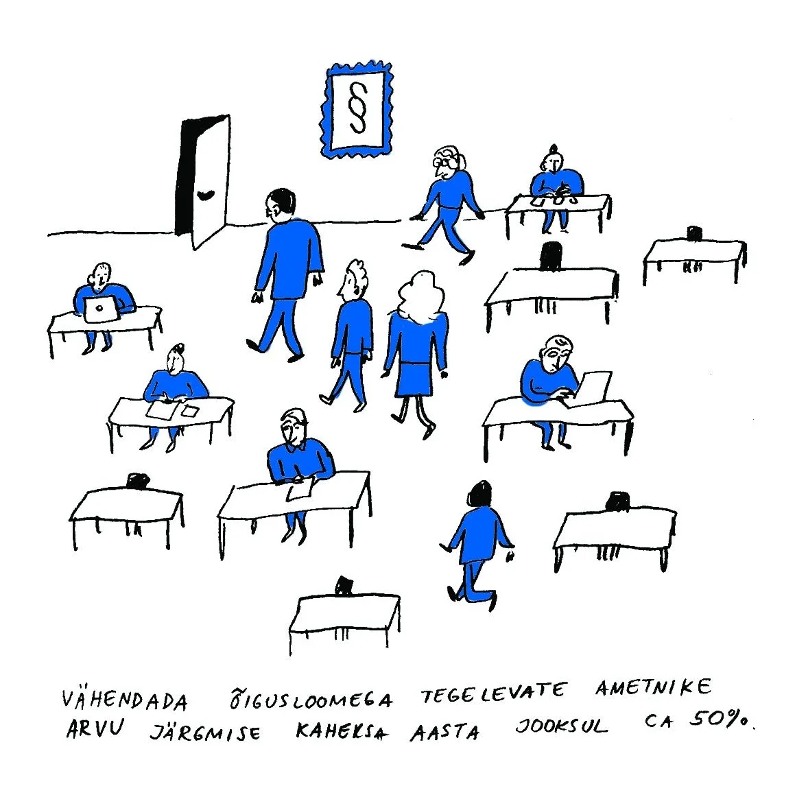 06.12 (illustratsioon: AW Stuff) Teeme ettepaneku vähendada õigusloomega tegelevate ametnike arvu järgmise 8 aasta jooksul ca 50%. Miks? Me ei saa riigina lubada ülipaksu seadusrägastikku, kui tahame olla ergas ja paindlik riik.