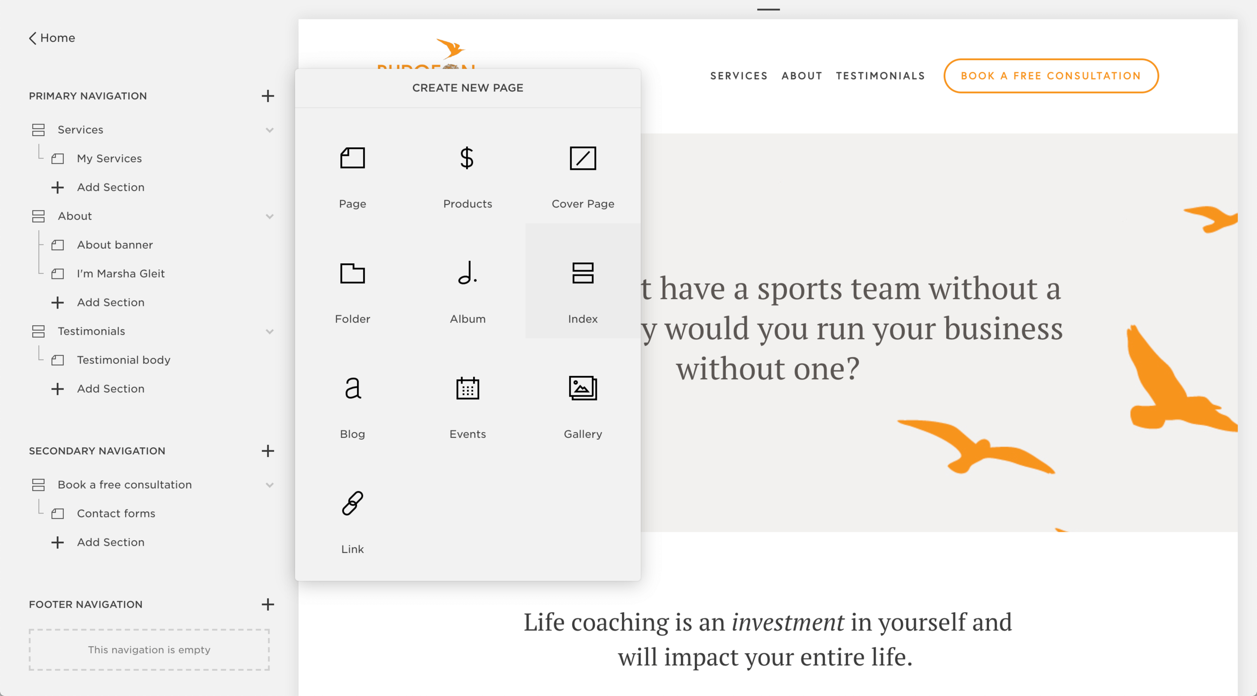 Add an index page in Squarespace