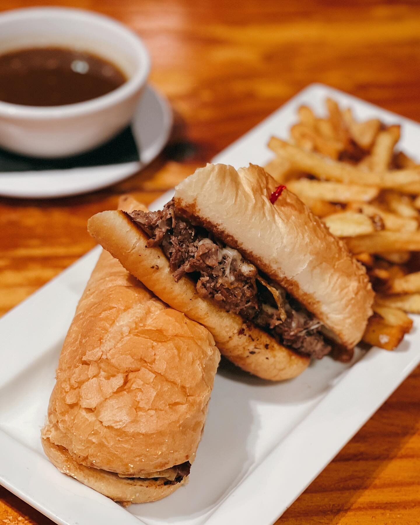 Try One of Our Lunch Specials! &bull; French Dip Po-Boy with Shaved Beef Tenderloin, Horseradish Mayo &amp; Swiss Cheese and Side of Au Jus Sauce! 🍽 Open 11AM to 9PM!