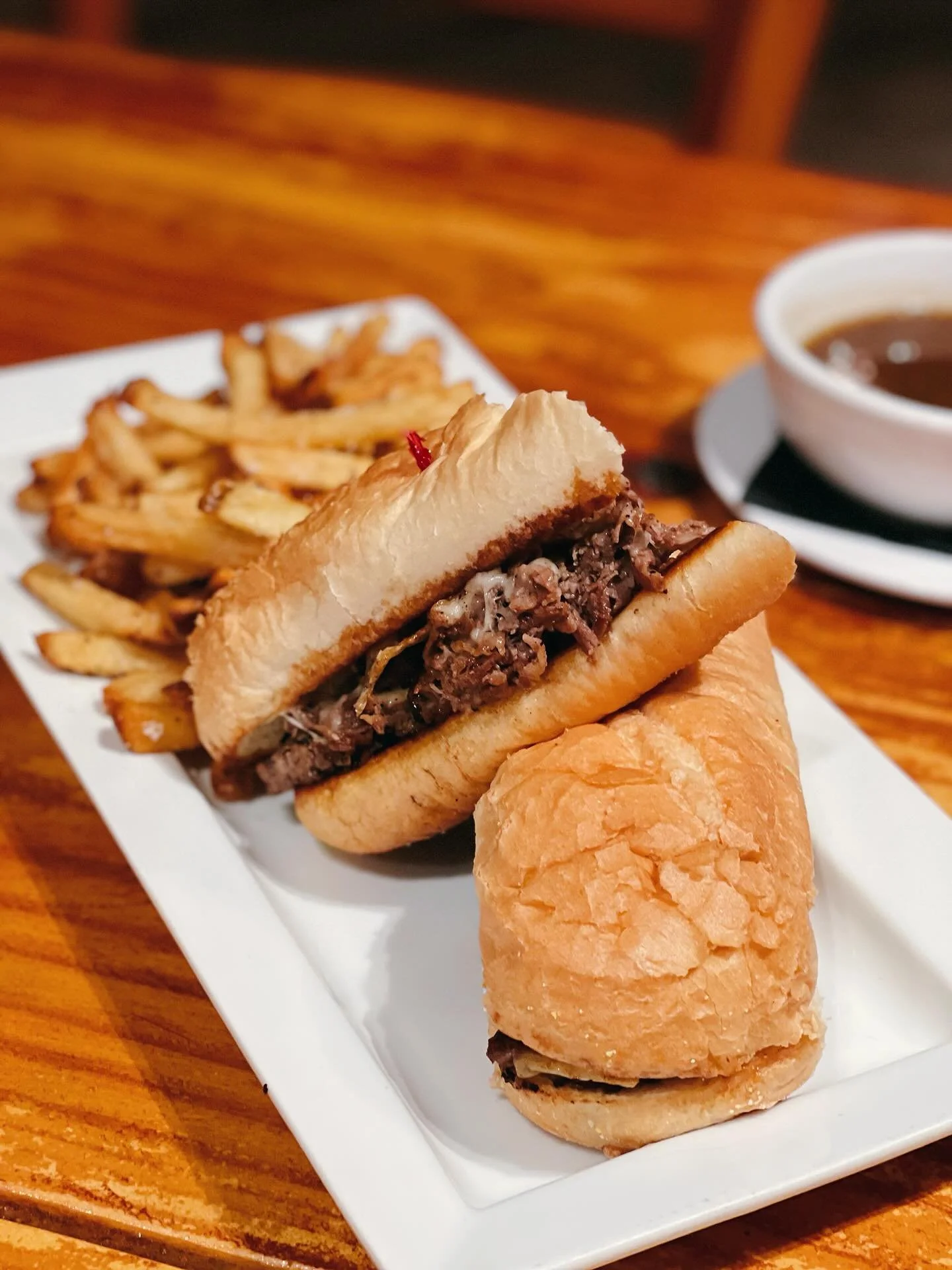 Try One of Our Lunch Specials! &bull; French Dip Po-Boy with Shaved Beef Tenderloin, Horseradish Mayo &amp; Swiss Cheese and Side of Au Jus Sauce! 🍽 Open 11AM to 9PM!