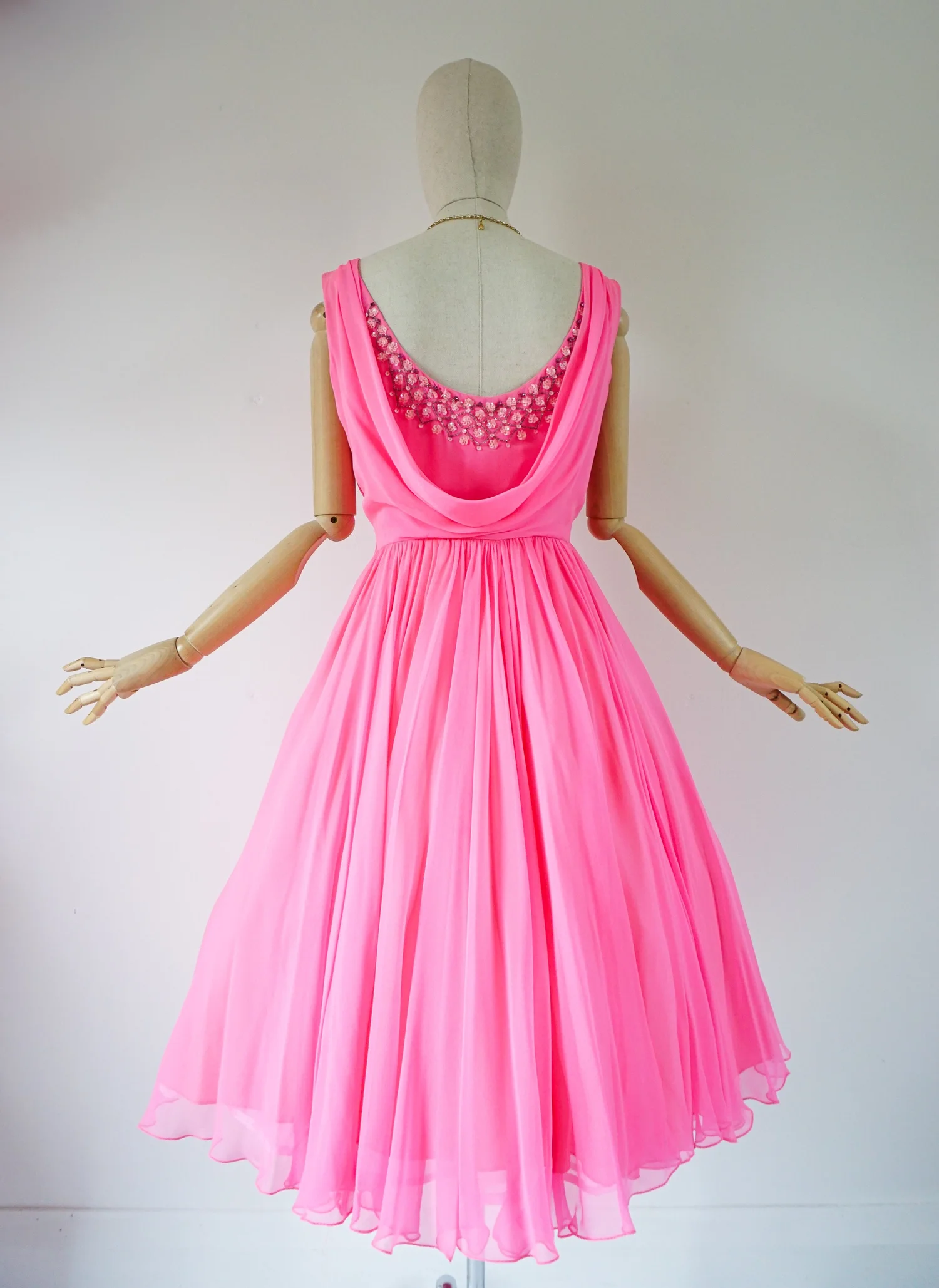 Dirty Fabulous  1960's pink silk chiffon party dress with low back, sz 10