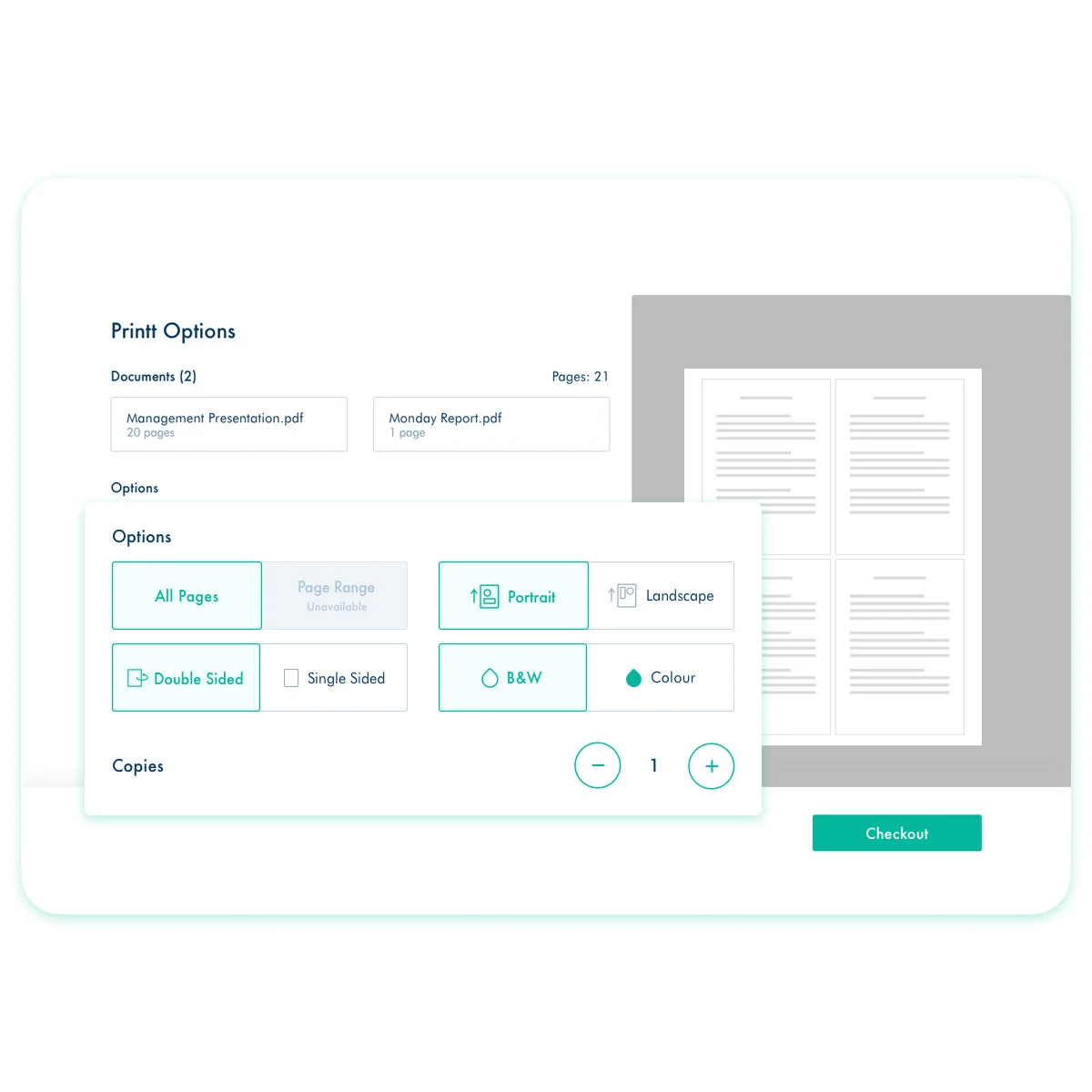 A web interface showing printing options, including page orientation, colour options, page range and double-sided printing.