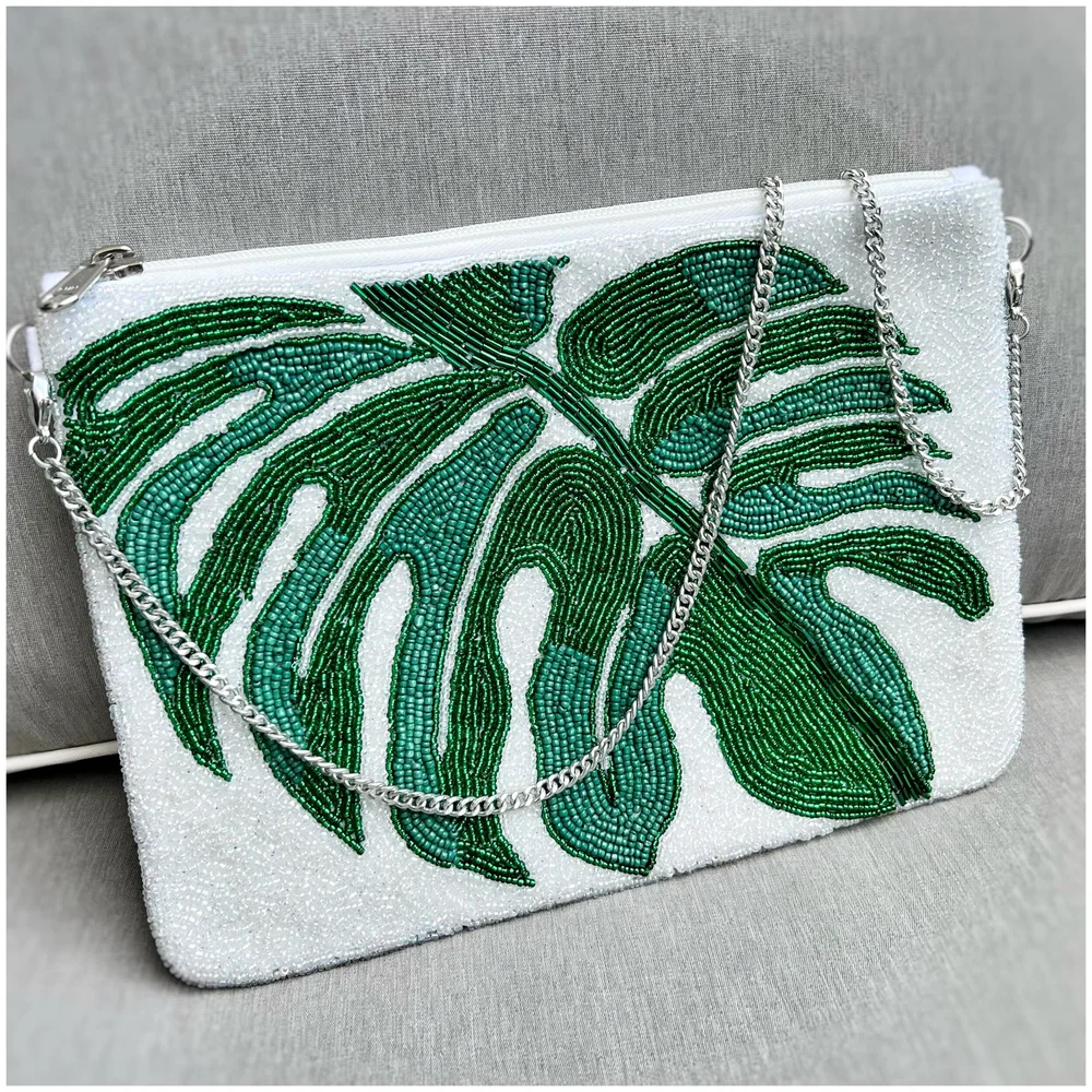 Monstera Beaded Zippy Clutch — Soul & Story