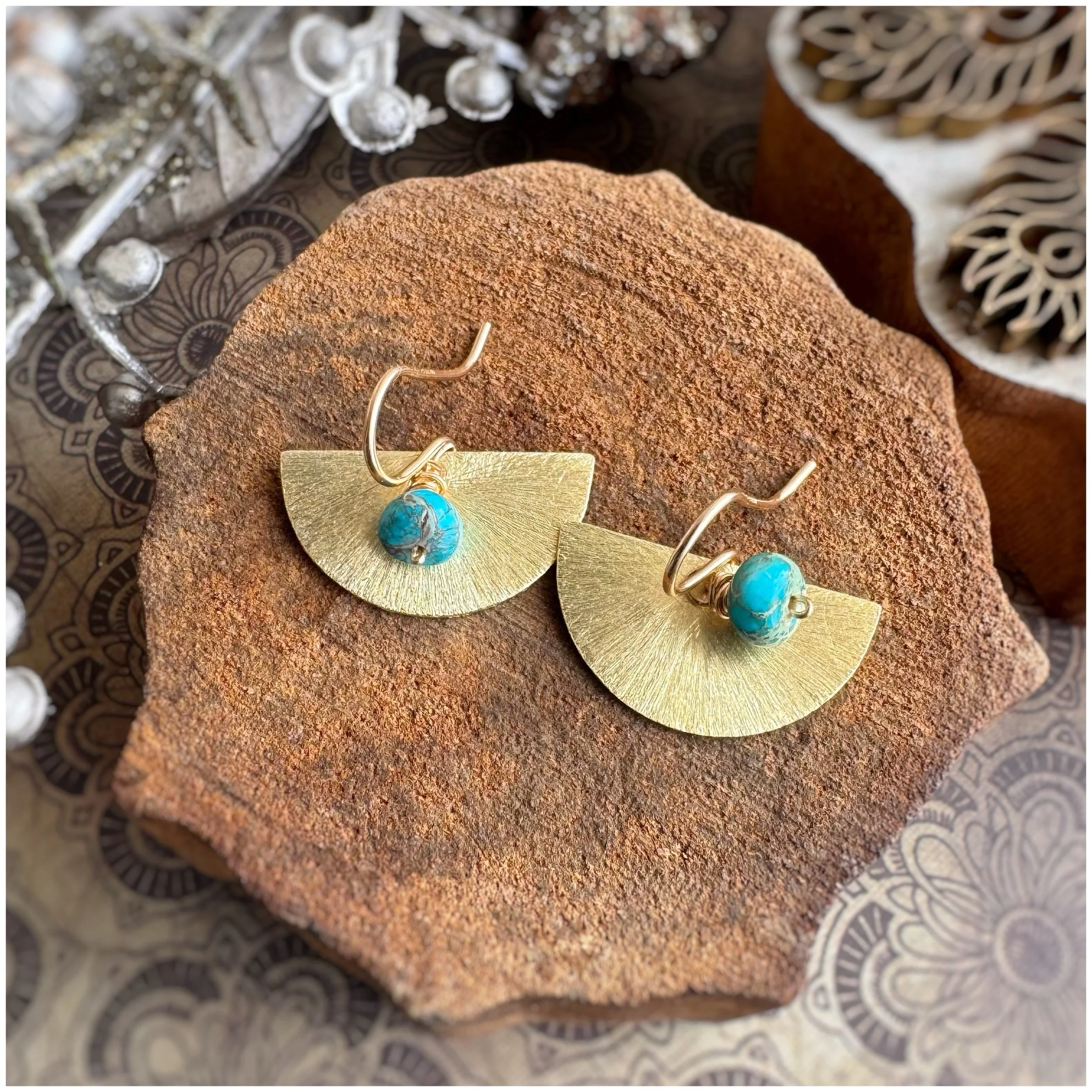Turquoise & Gold Demi-lune Egyptian Revival Earrings