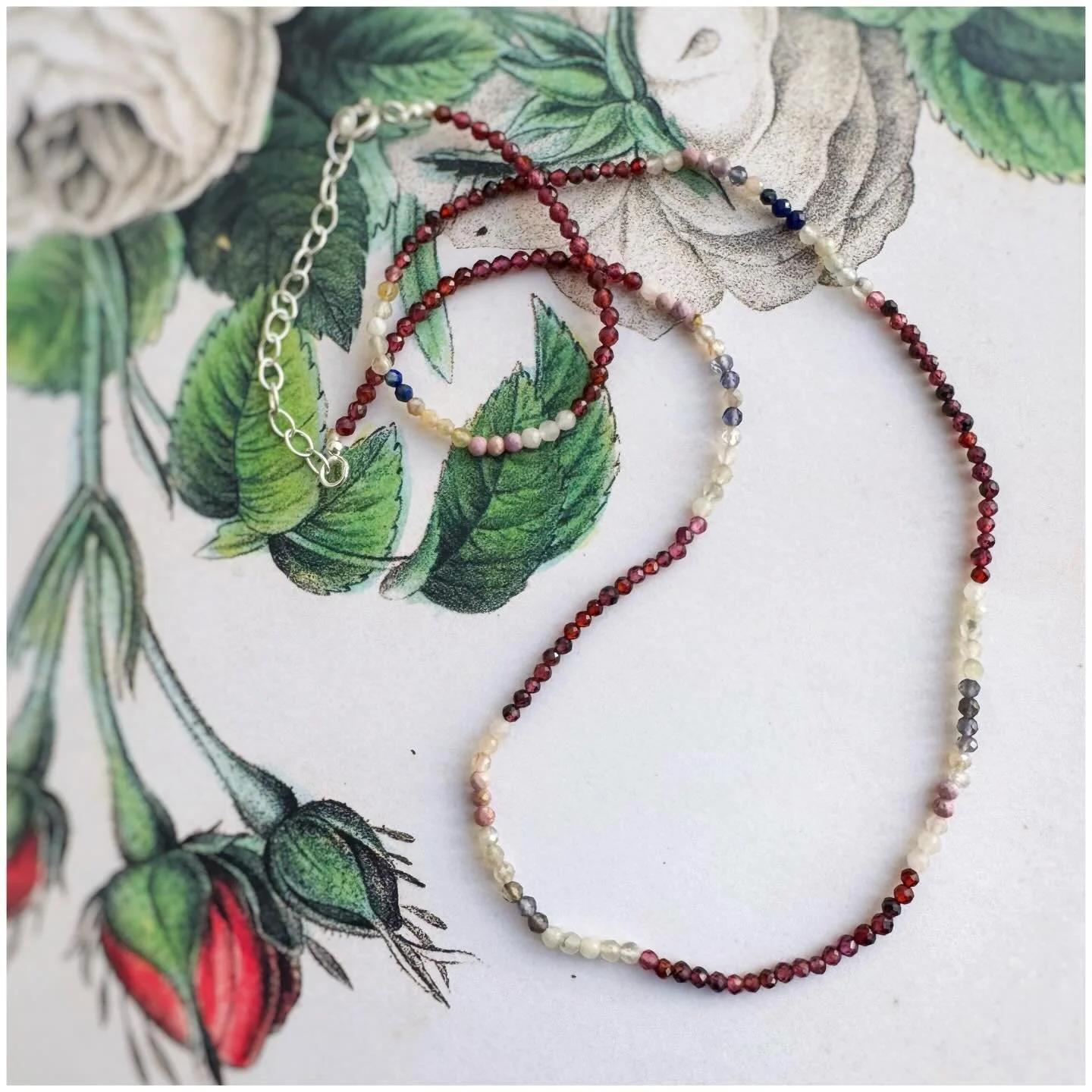 Happy Friday !! A beautiful combination of faceted Lapis, neutral Chalcedony stones, and Rhodolite Garnet , this variation of Garnet is highly prized for its deep red hues (closer to Ruby). A gorgeous array of color, this combination is perfect for a