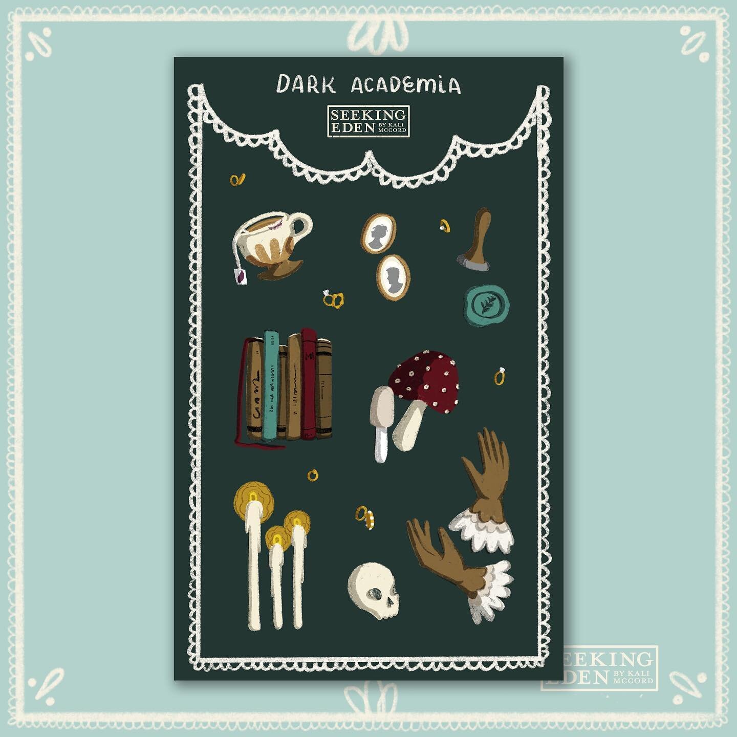 Dark academia stickers!! 🫖🕯
Ah I can&rsquo;t get enough of these sweet teacups and moody candles! Find this 5x8&rdquo; sticker sheet in the Seeking Eden Etsy store!!

#darkacademia #dark #stickers #skull #teacup #stickersheet #stickersheets #seekin
