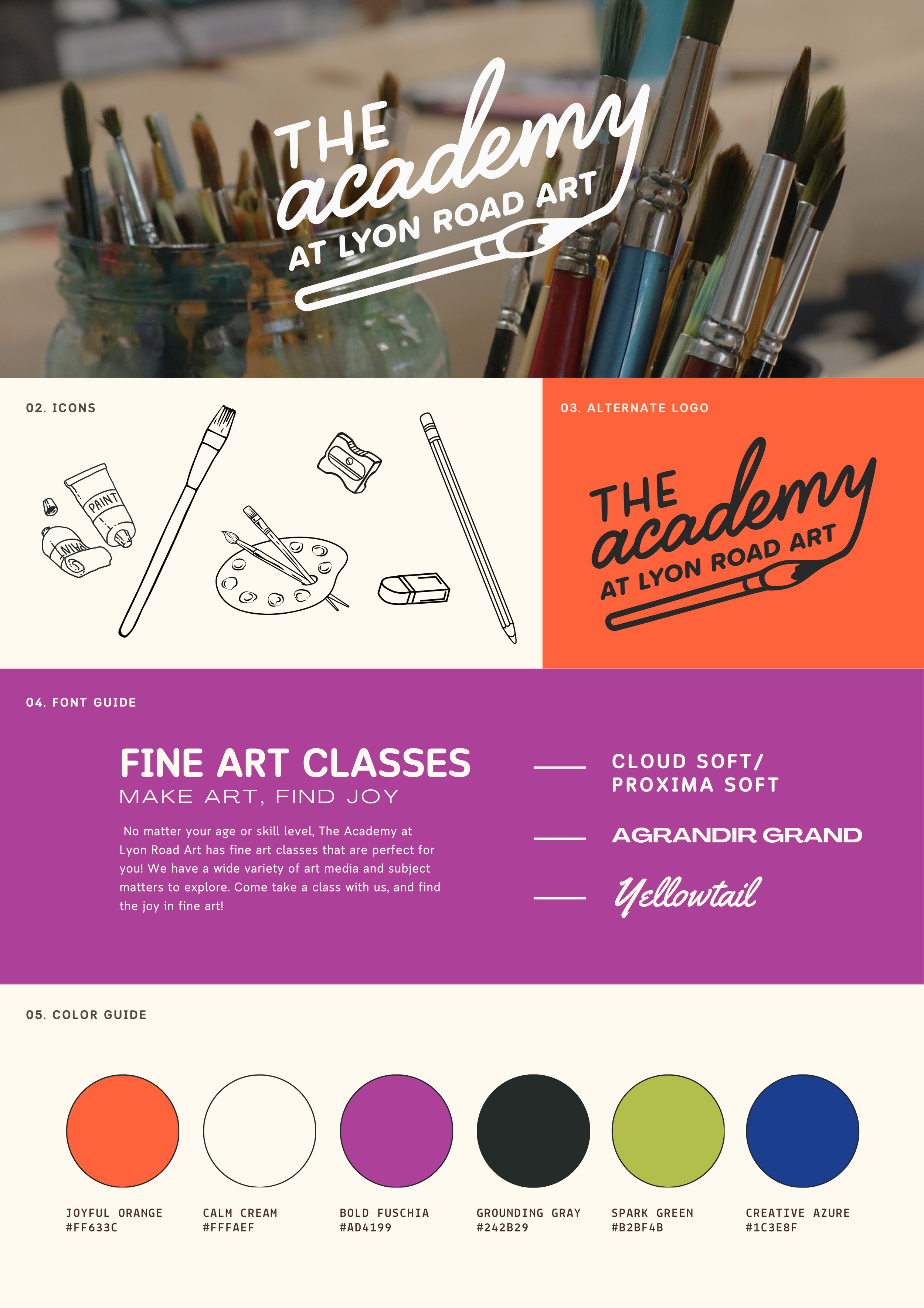 Image showing a colorful brand design and logo for 'The Academy at Lyon Road Art' with paint brushes, drawing icons, alternative logo, and a color guide with various color swatches.