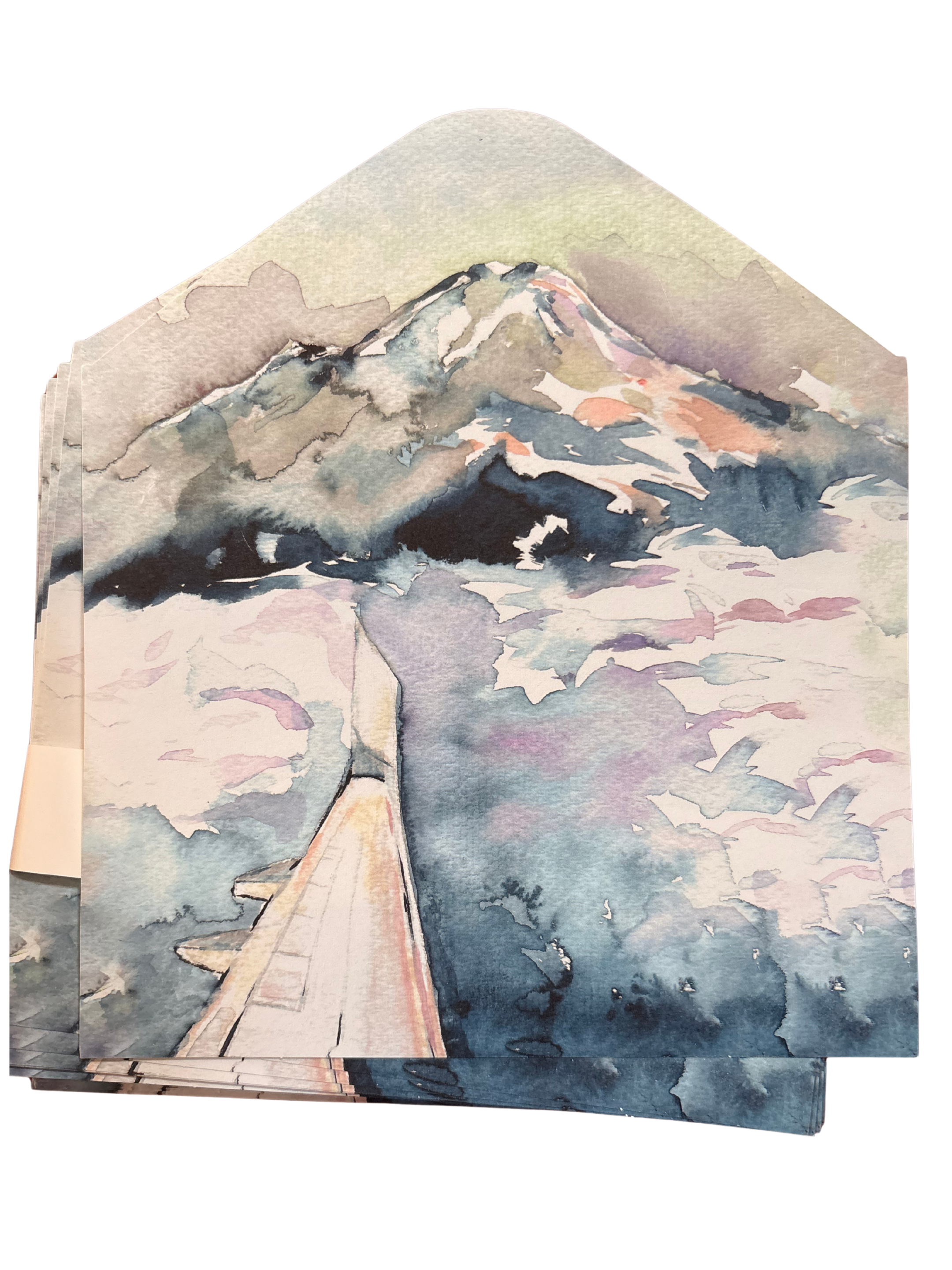 A watercolor envelope liner of Mt. Rainier over a plane wing, with snow, a dock in the foreground, and a cloudy sky.