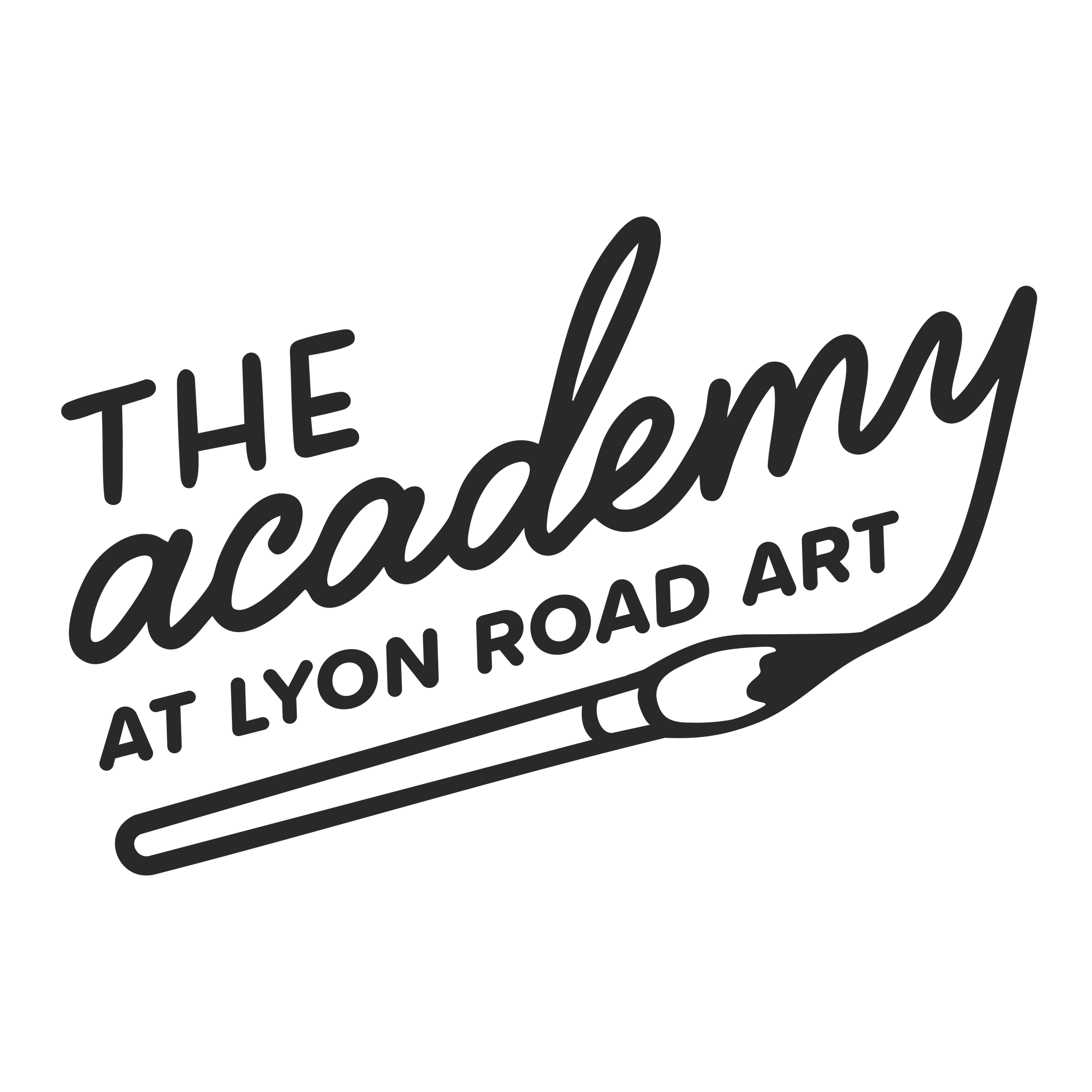 Decorative black graphic with the phrase "THE Lovey AT LYON ROAD!" in stylized cursive and block letters