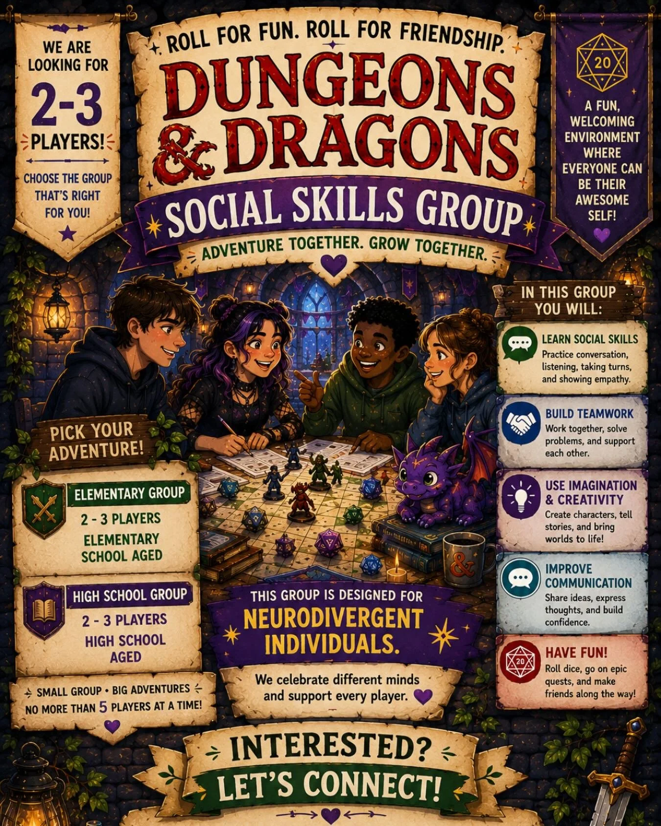 🎲 Calling All Young Adventurers! 🎲

Our Dungeons &amp; Dragons social group is growing, and we are excited to expand into additional groups! We are currently looking for 2&ndash;3 new players in both our elementary and high school groups.

Led by o