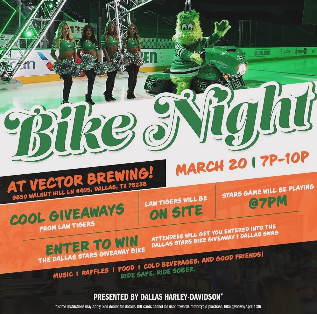 Kick start your hump day and join us for our first 🏍𝘽𝙄𝙆𝙀 𝙉𝙄𝙂𝙃𝙏 🏍 tonight from 7-10pm, presented by @dallasharleydavidson. Their crew, along with @lawtigersdallastexas will be out here with cool giveaways and a raffle🎟 - including your cha